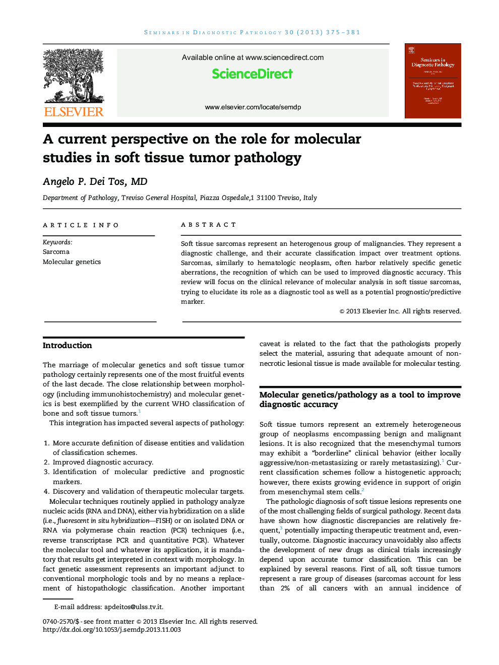 A current perspective on the role for molecular studies in soft tissue tumor pathology