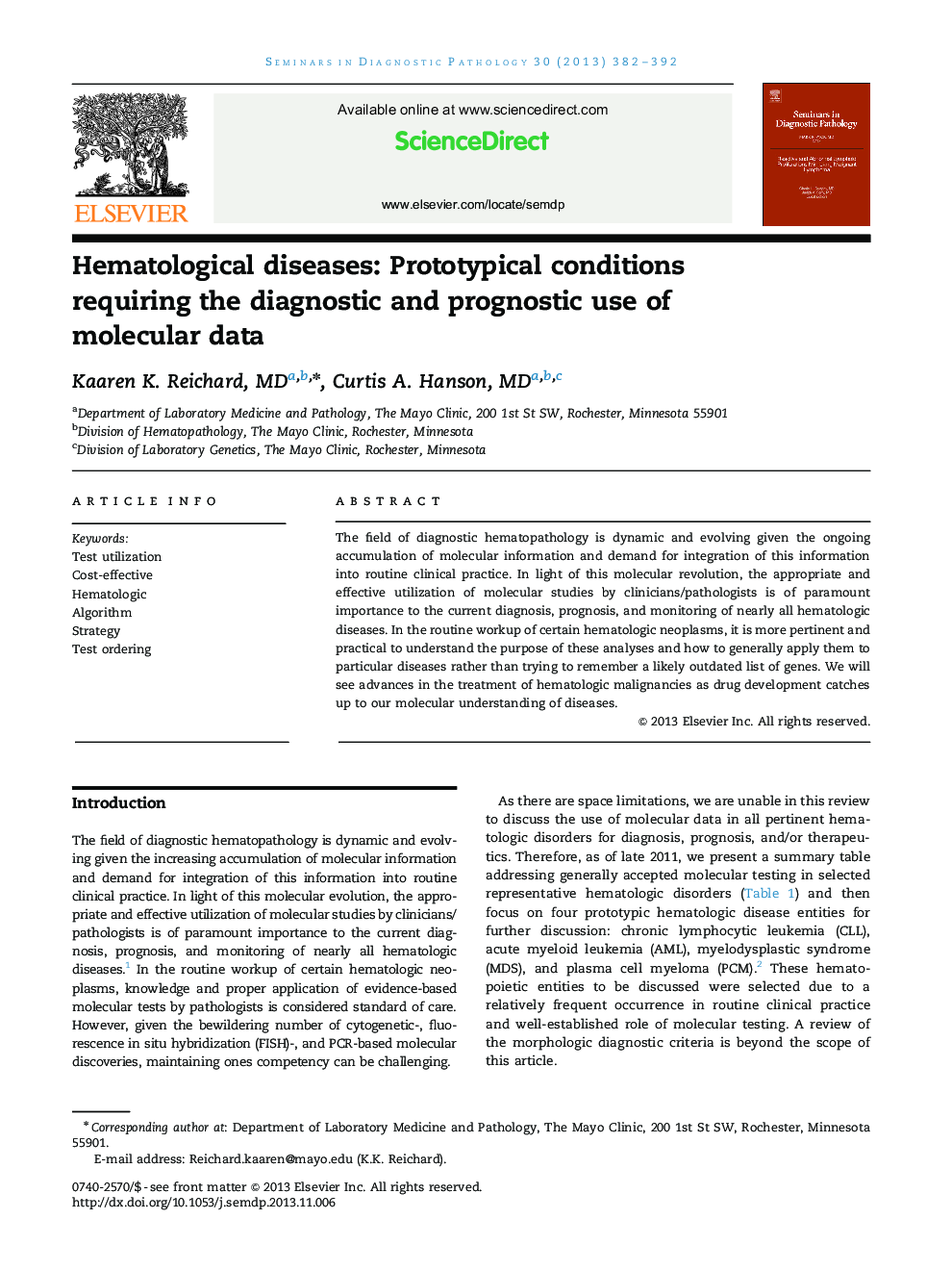 Hematological diseases: Prototypical conditions requiring the diagnostic and prognostic use of molecular data