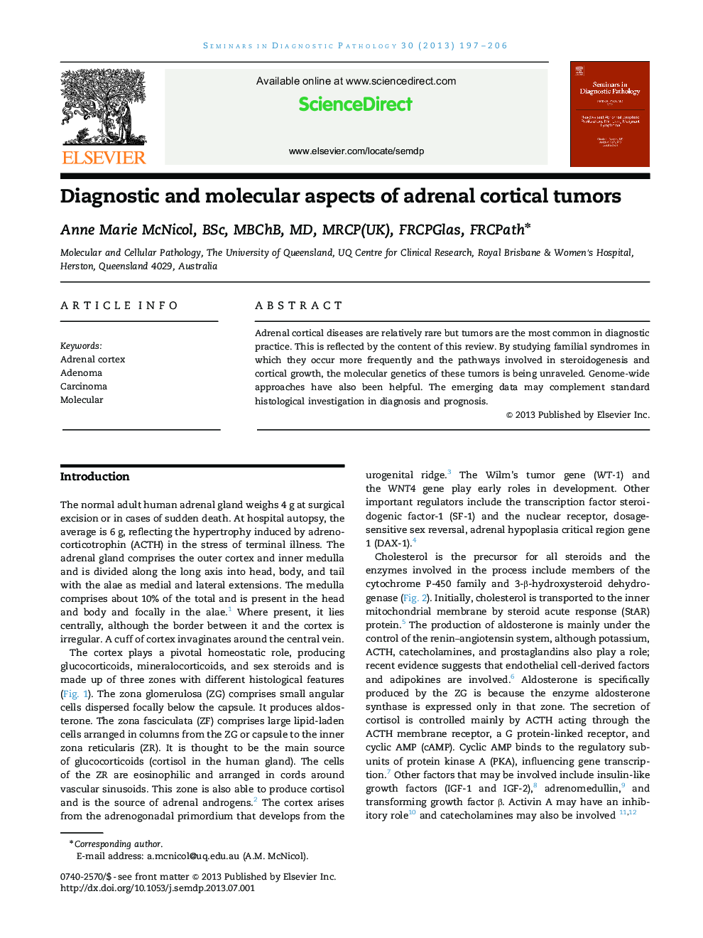 Diagnostic and molecular aspects of adrenal cortical tumors