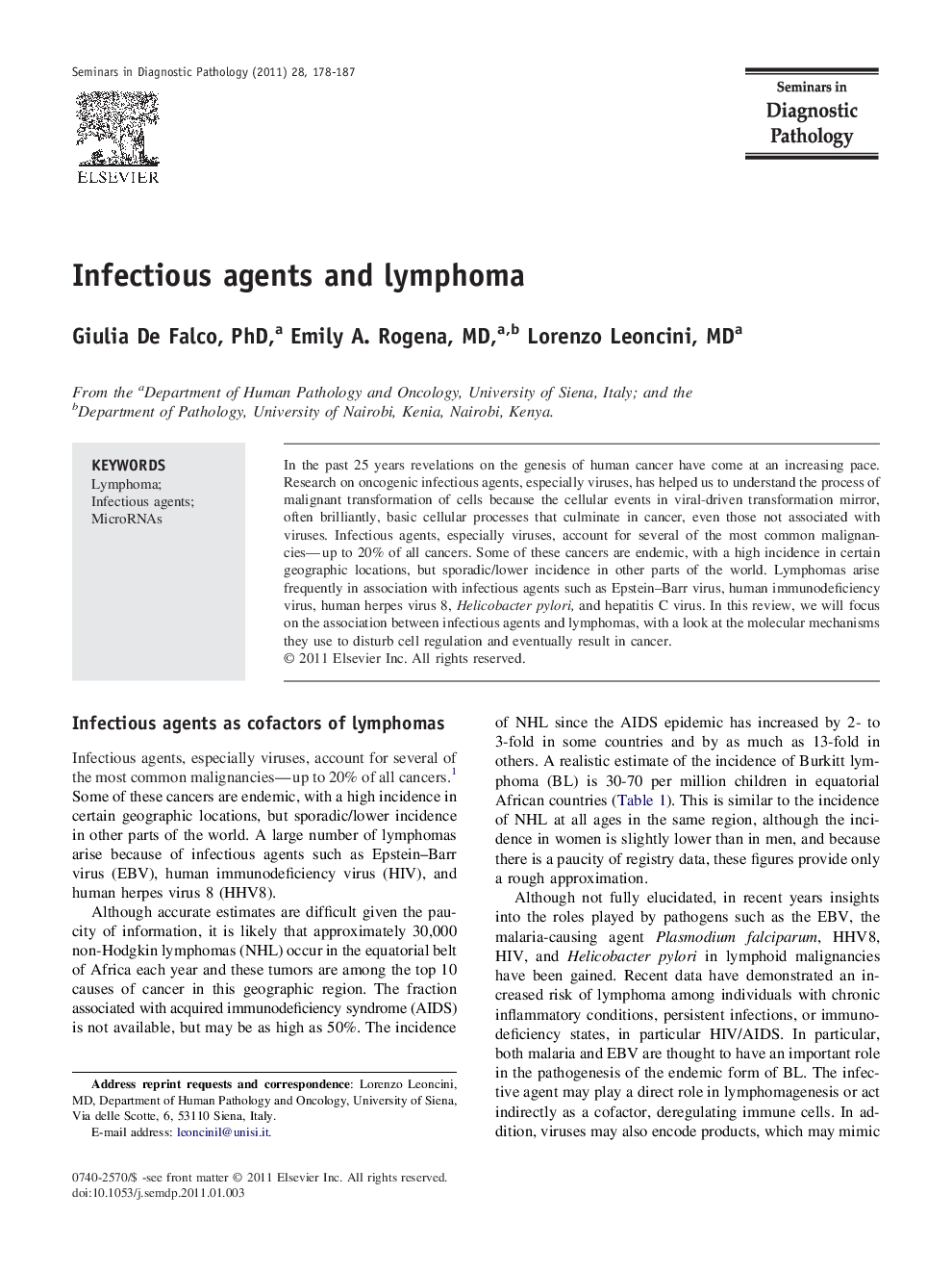 Infectious agents and lymphoma