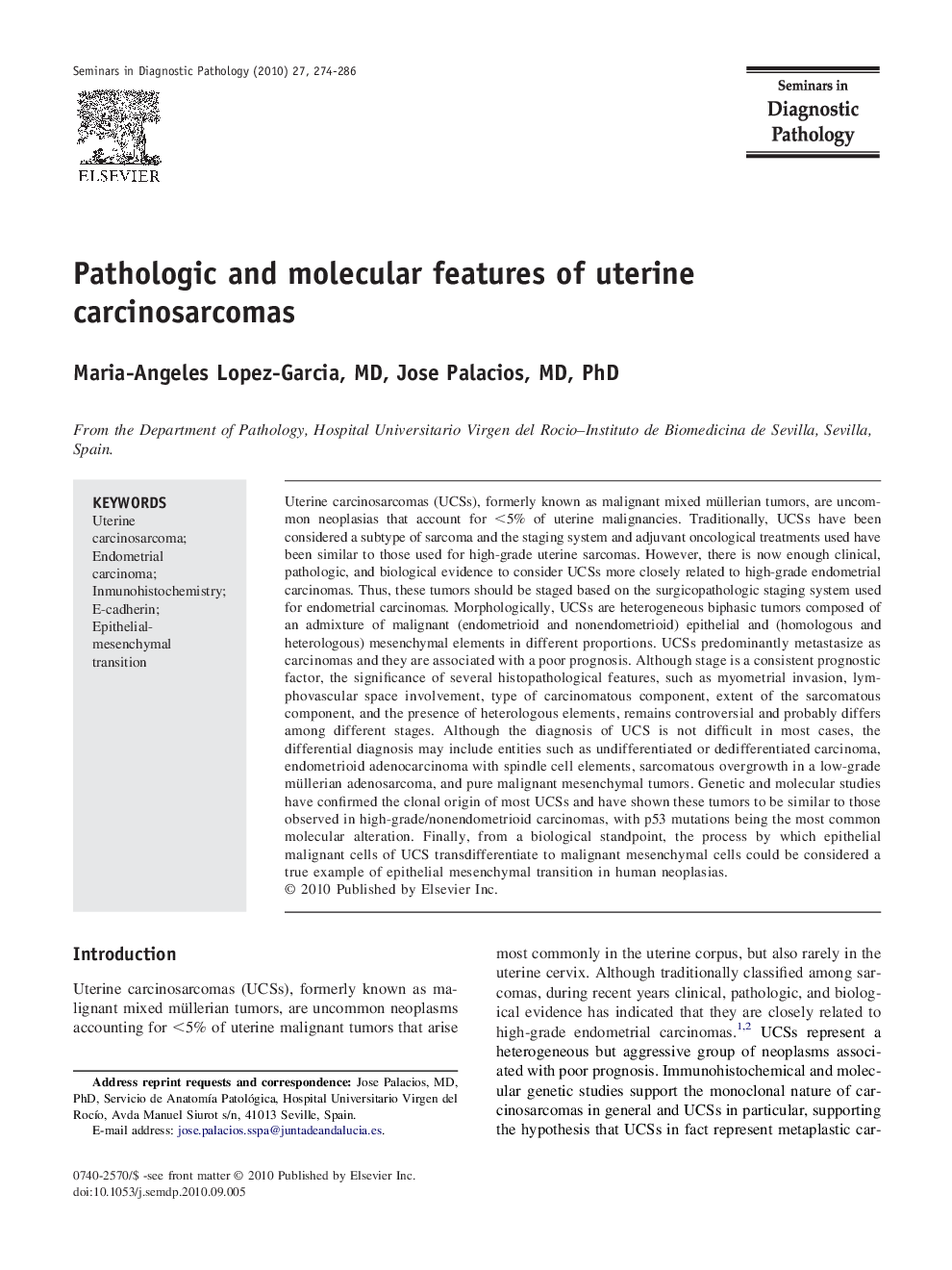 Pathologic and molecular features of uterine carcinosarcomas