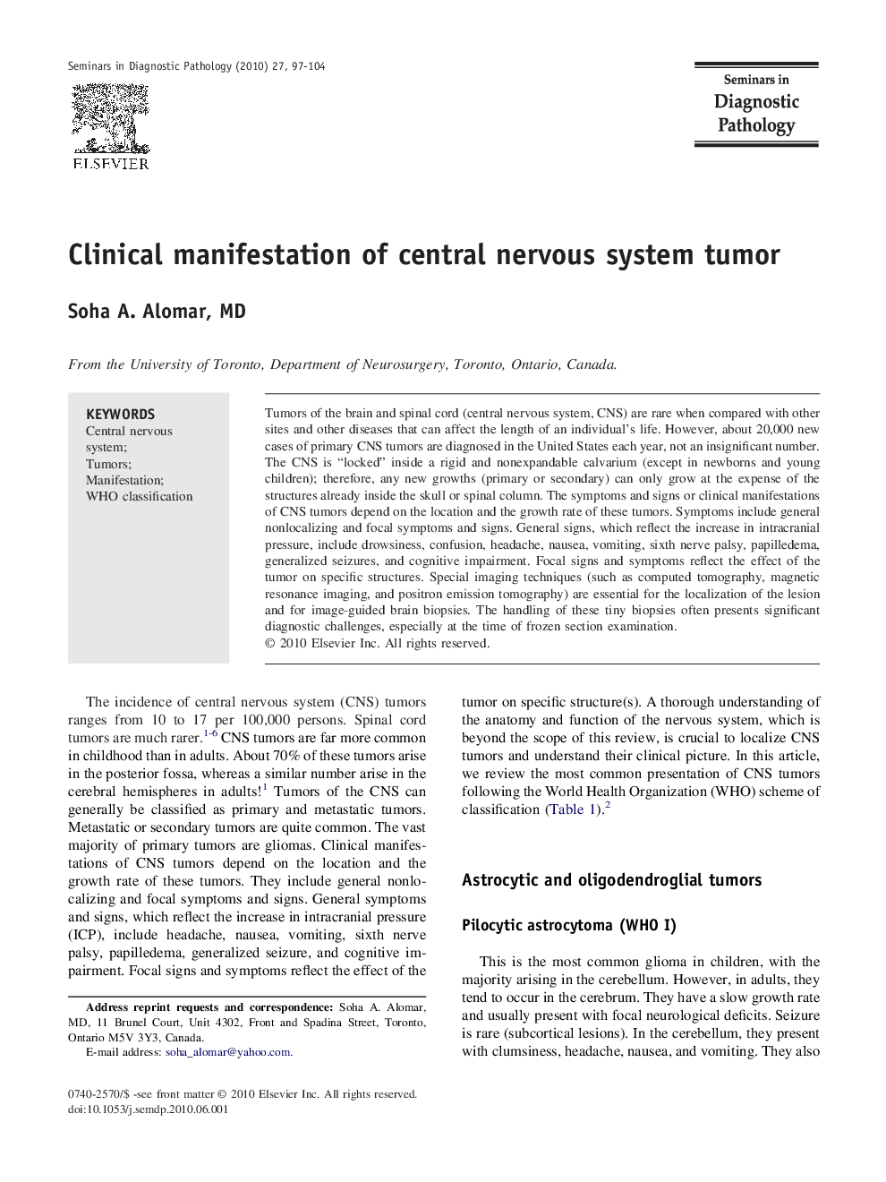 Clinical manifestation of central nervous system tumor