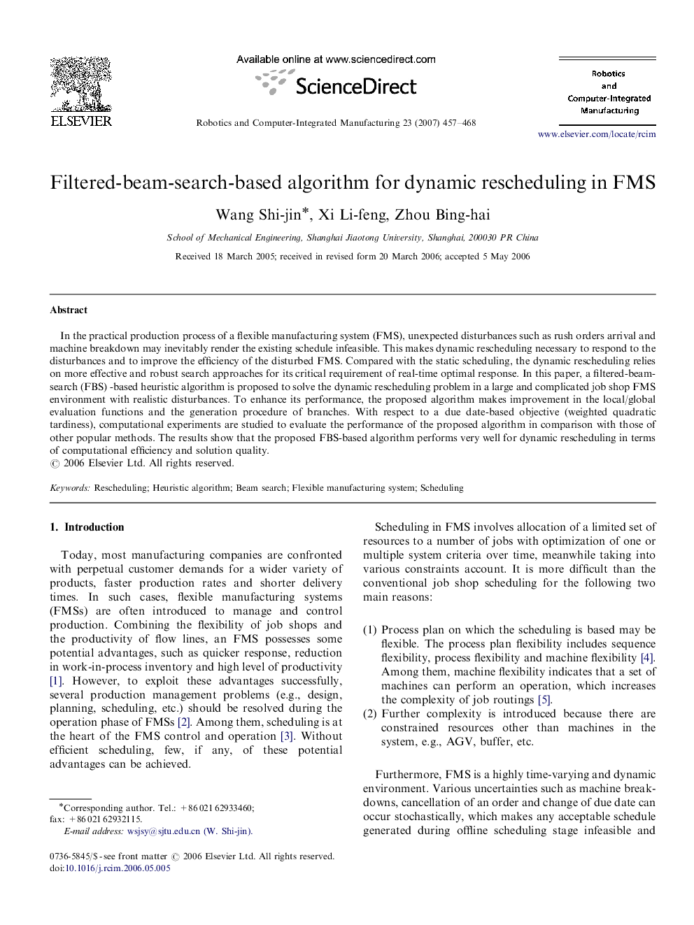 Filtered-beam-search-based algorithm for dynamic rescheduling in FMS