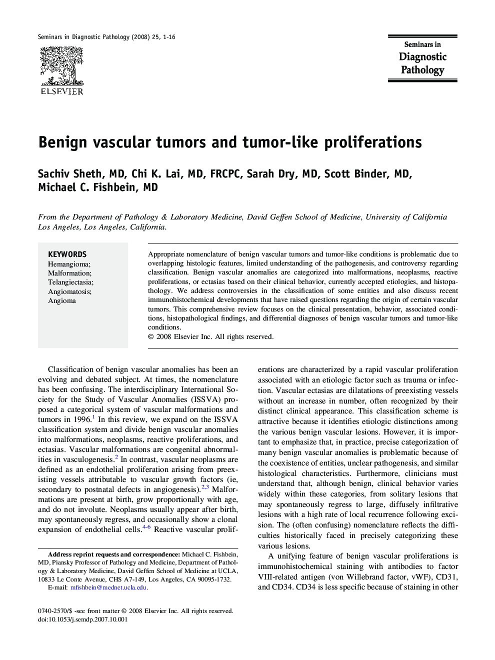 Benign vascular tumors and tumor-like proliferations