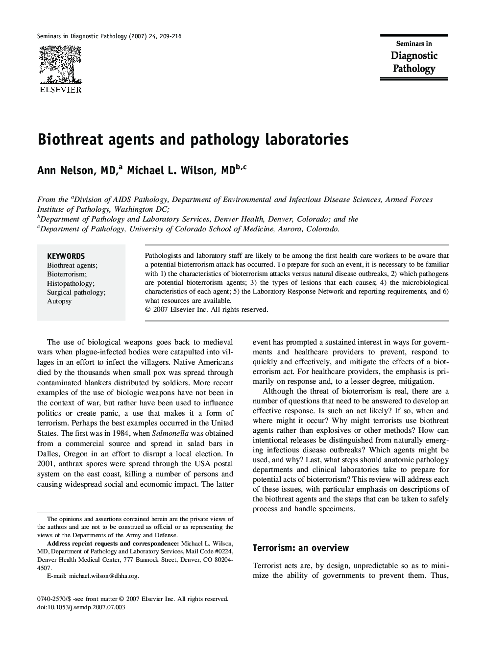 Biothreat agents and pathology laboratories