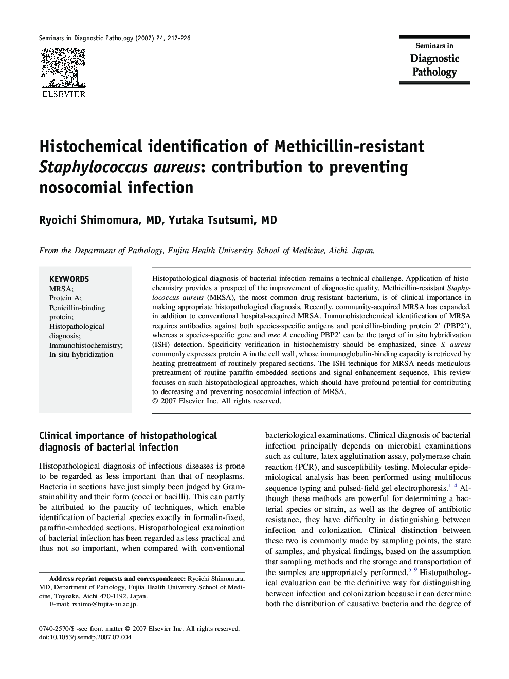 Histochemical identification of Methicillin-resistant Staphylococcus aureus: contribution to preventing nosocomial infection