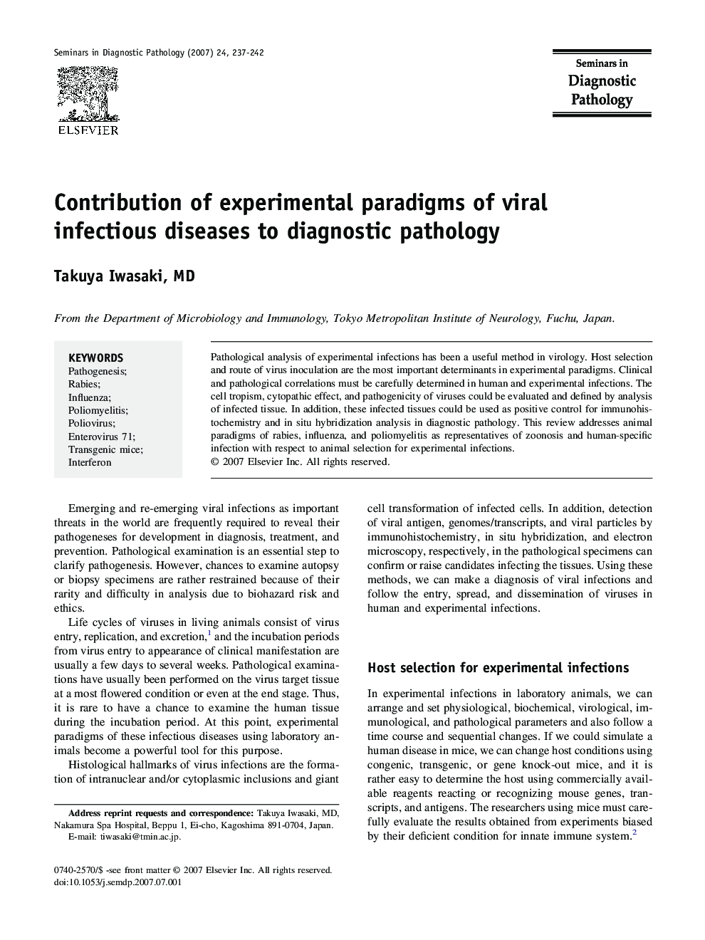 Contribution of experimental paradigms of viral infectious diseases to diagnostic pathology