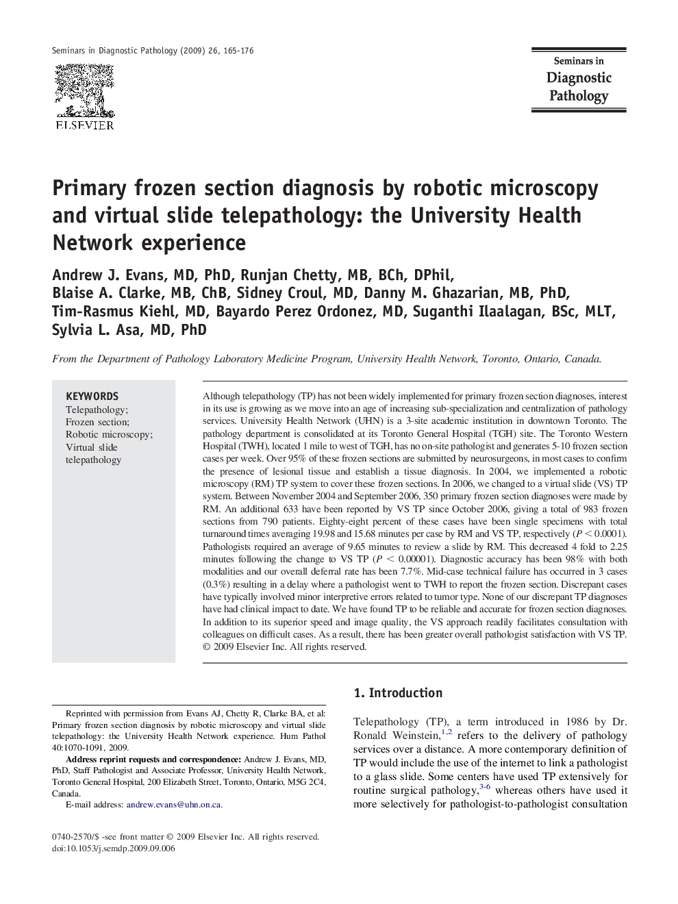 Primary frozen section diagnosis by robotic microscopy and virtual slide telepathology: the University Health Network experience