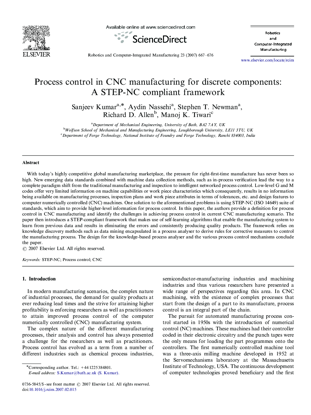 Process control in CNC manufacturing for discrete components: A STEP-NC compliant framework