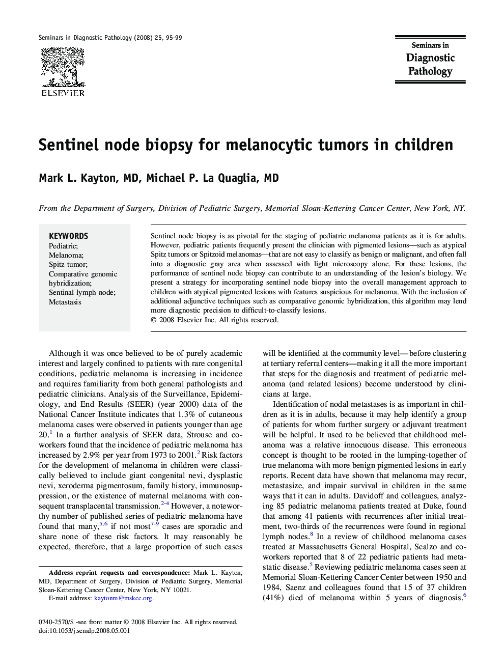 Sentinel node biopsy for melanocytic tumors in children