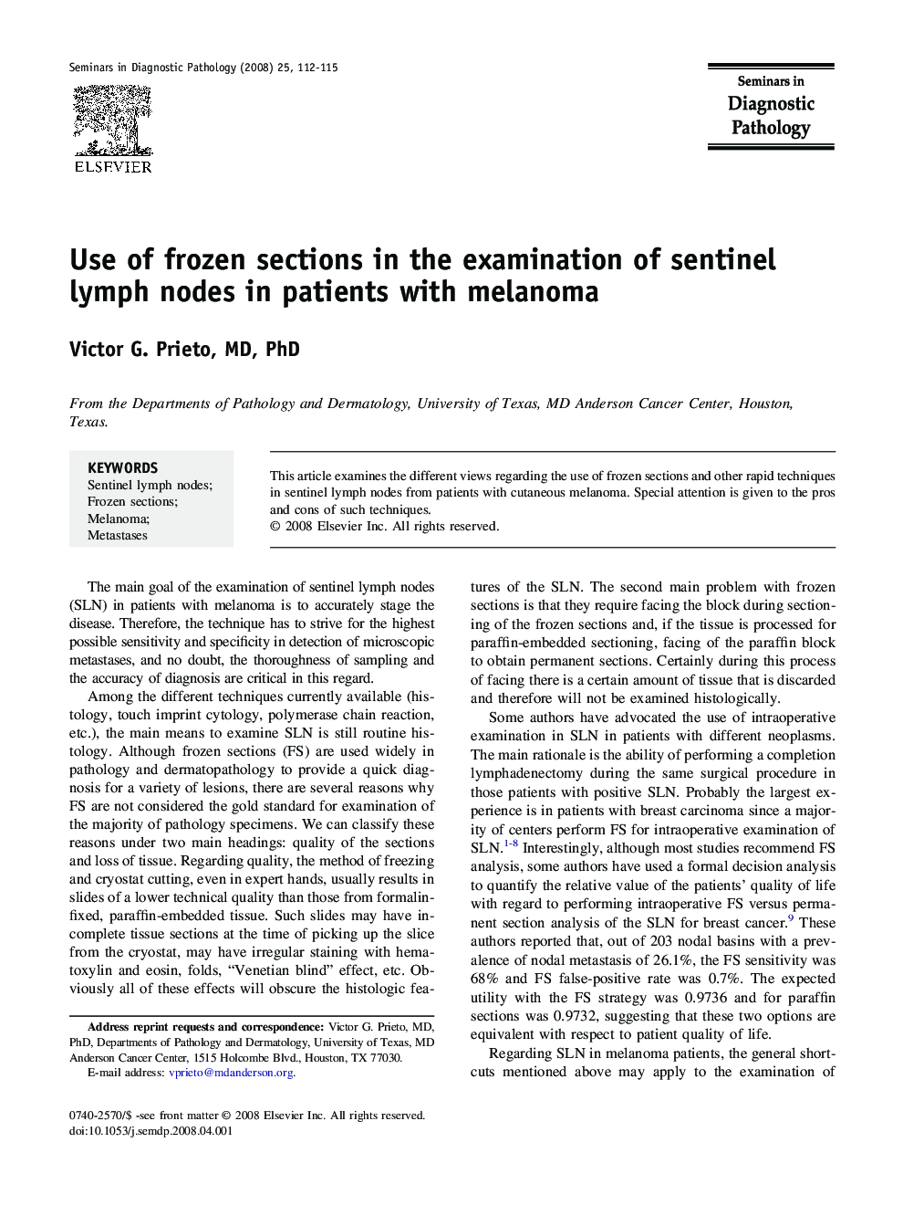 Use of frozen sections in the examination of sentinel lymph nodes in patients with melanoma