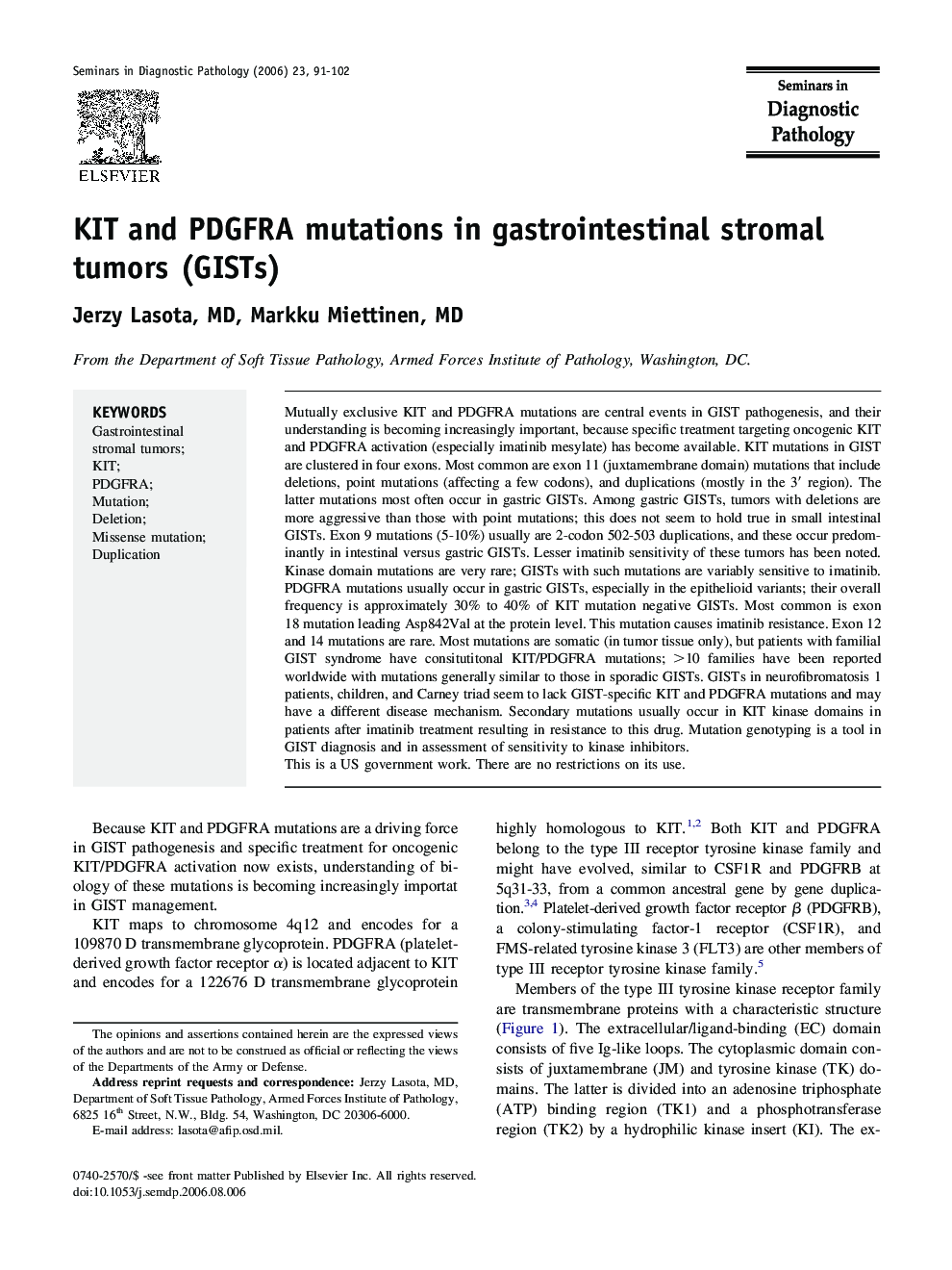 KIT and PDGFRA mutations in gastrointestinal stromal tumors (GISTs)