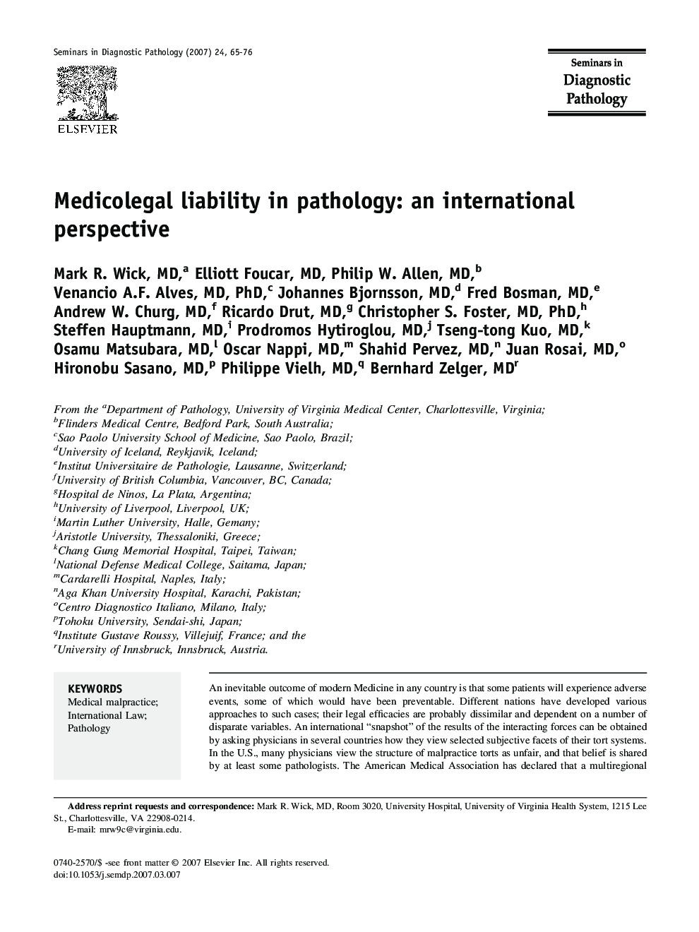 Medicolegal liability in pathology: an international perspective