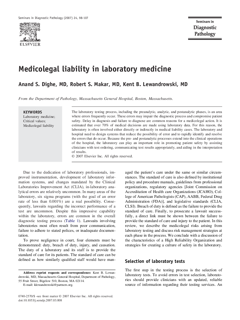 Medicolegal liability in laboratory medicine