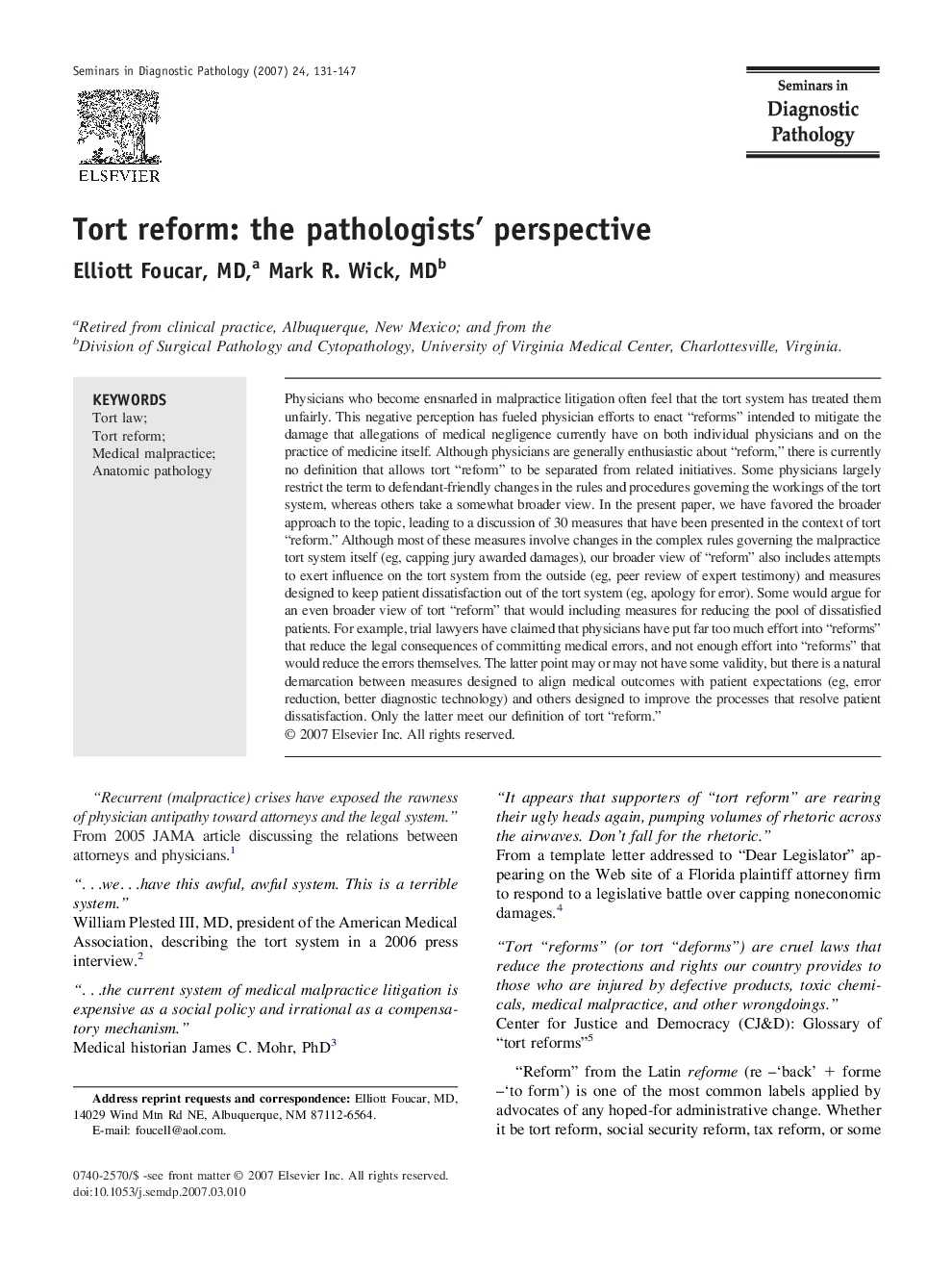 Tort reform: the pathologists' perspective