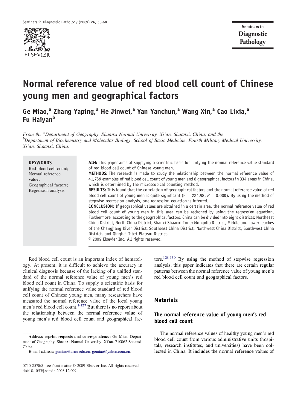 Normal reference value of red blood cell count of Chinese young men and geographical factors