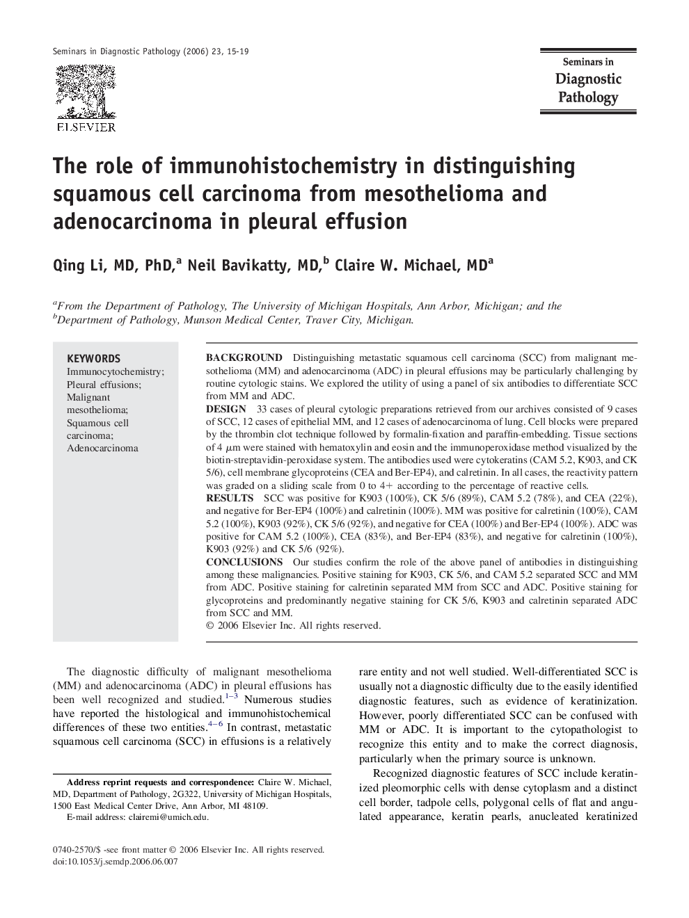 The role of immunohistochemistry in distinguishing squamous cell carcinoma from mesothelioma and adenocarcinoma in pleural effusion