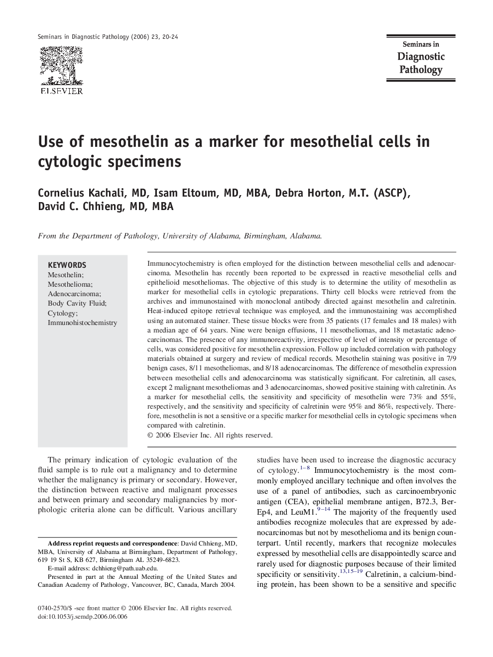 Use of mesothelin as a marker for mesothelial cells in cytologic specimens