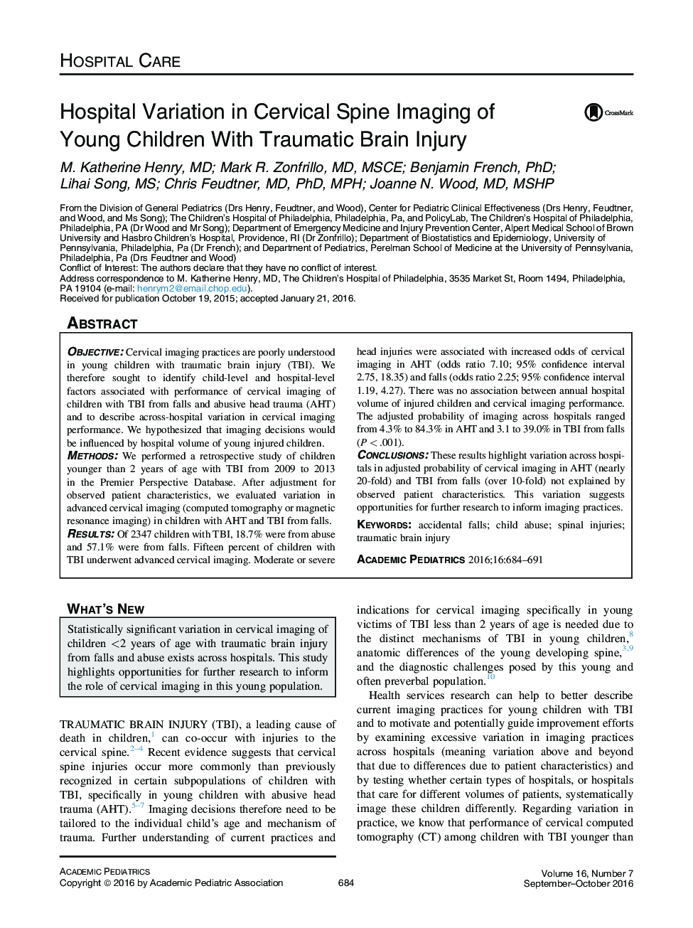 Hospital Variation in Cervical Spine Imaging of Young Children With Traumatic Brain Injury 