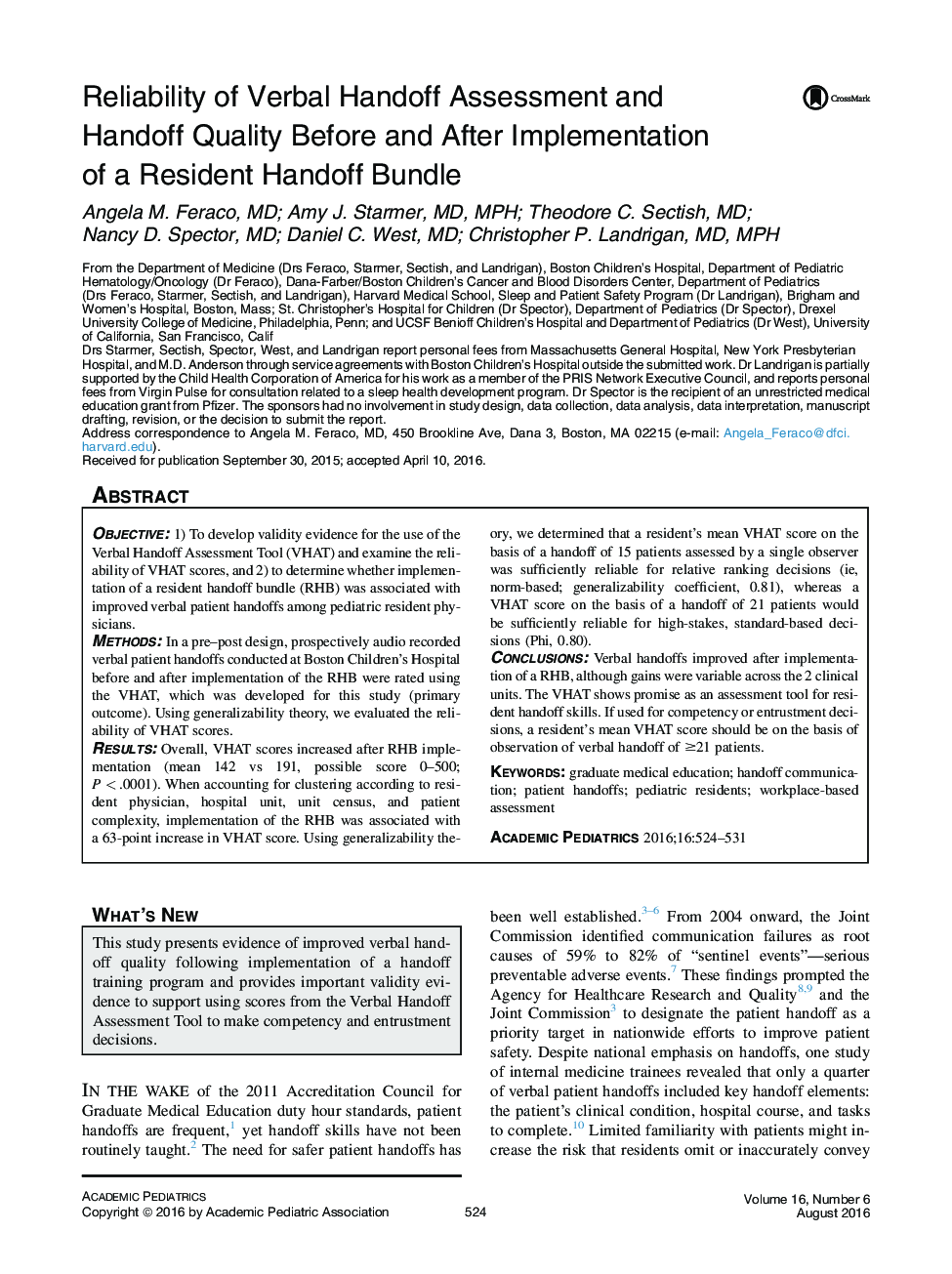 Reliability of Verbal Handoff Assessment and Handoff Quality Before and After Implementation of a Resident Handoff Bundle 