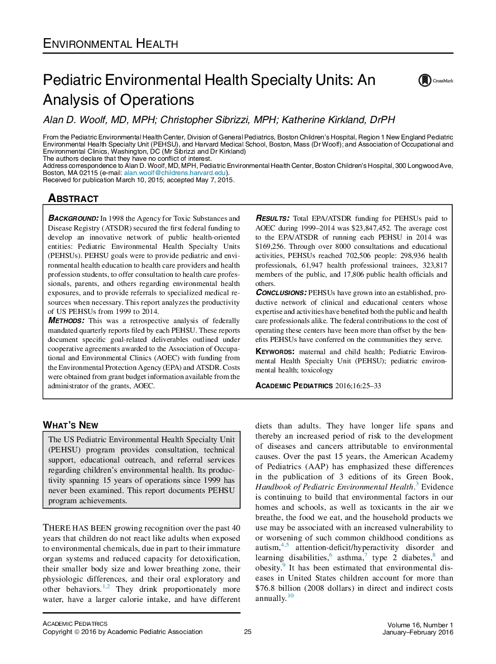 Pediatric Environmental Health Specialty Units: An Analysis of Operations 