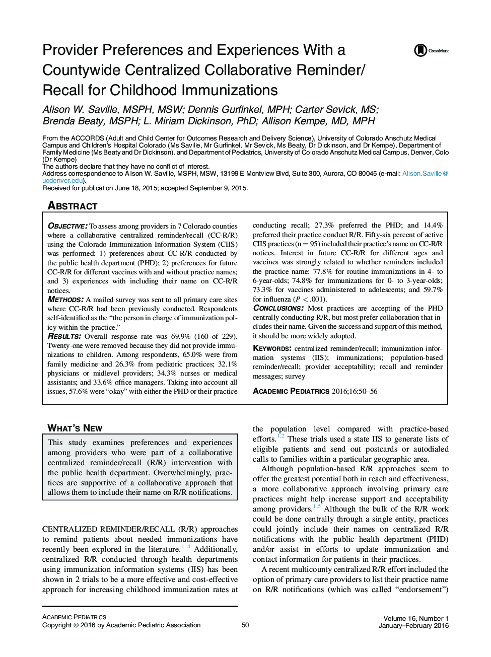 Provider Preferences and Experiences With a Countywide Centralized Collaborative Reminder/Recall for Childhood Immunizations 