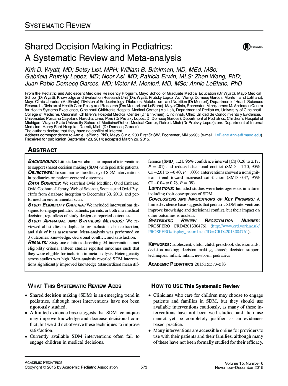 Shared Decision Making in Pediatrics: A Systematic Review and Meta-analysis 