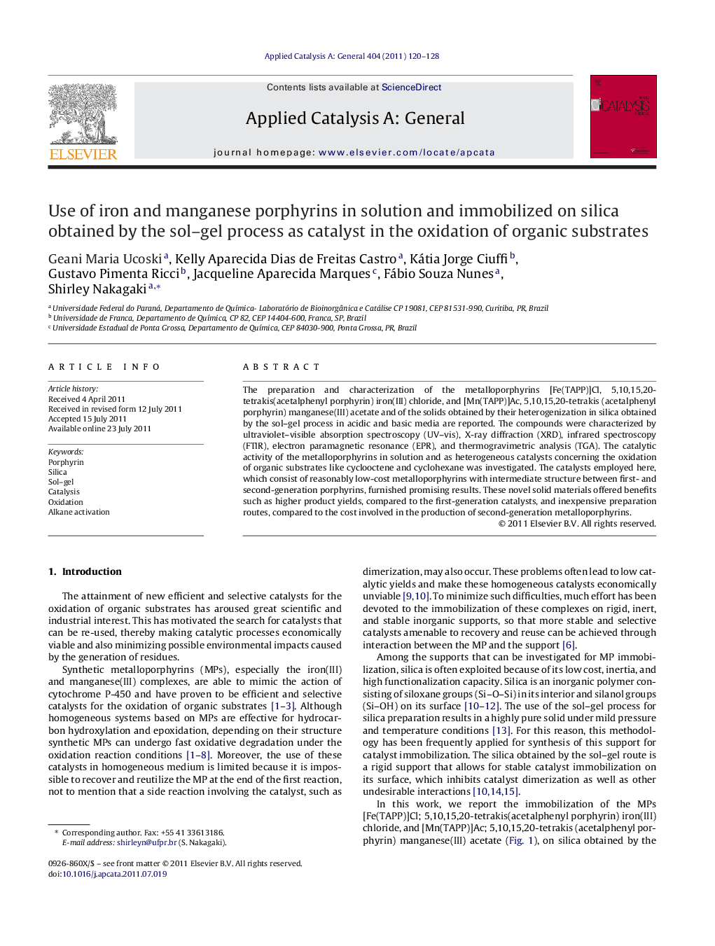 Use of iron and manganese porphyrins in solution and immobilized on silica obtained by the sol–gel process as catalyst in the oxidation of organic substrates