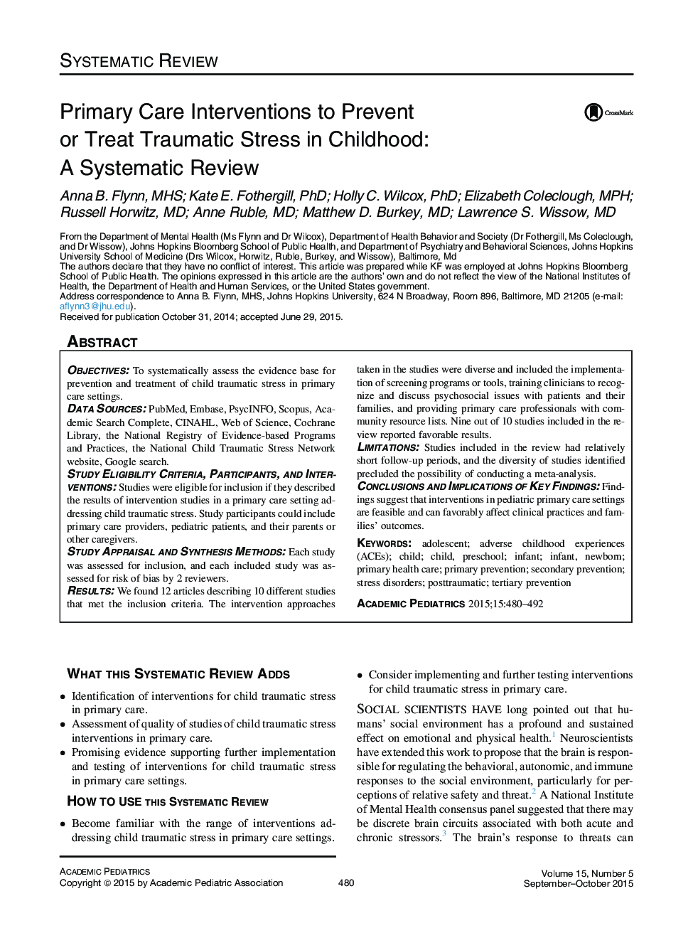 Primary Care Interventions to Prevent or Treat Traumatic Stress in Childhood: A Systematic Review 