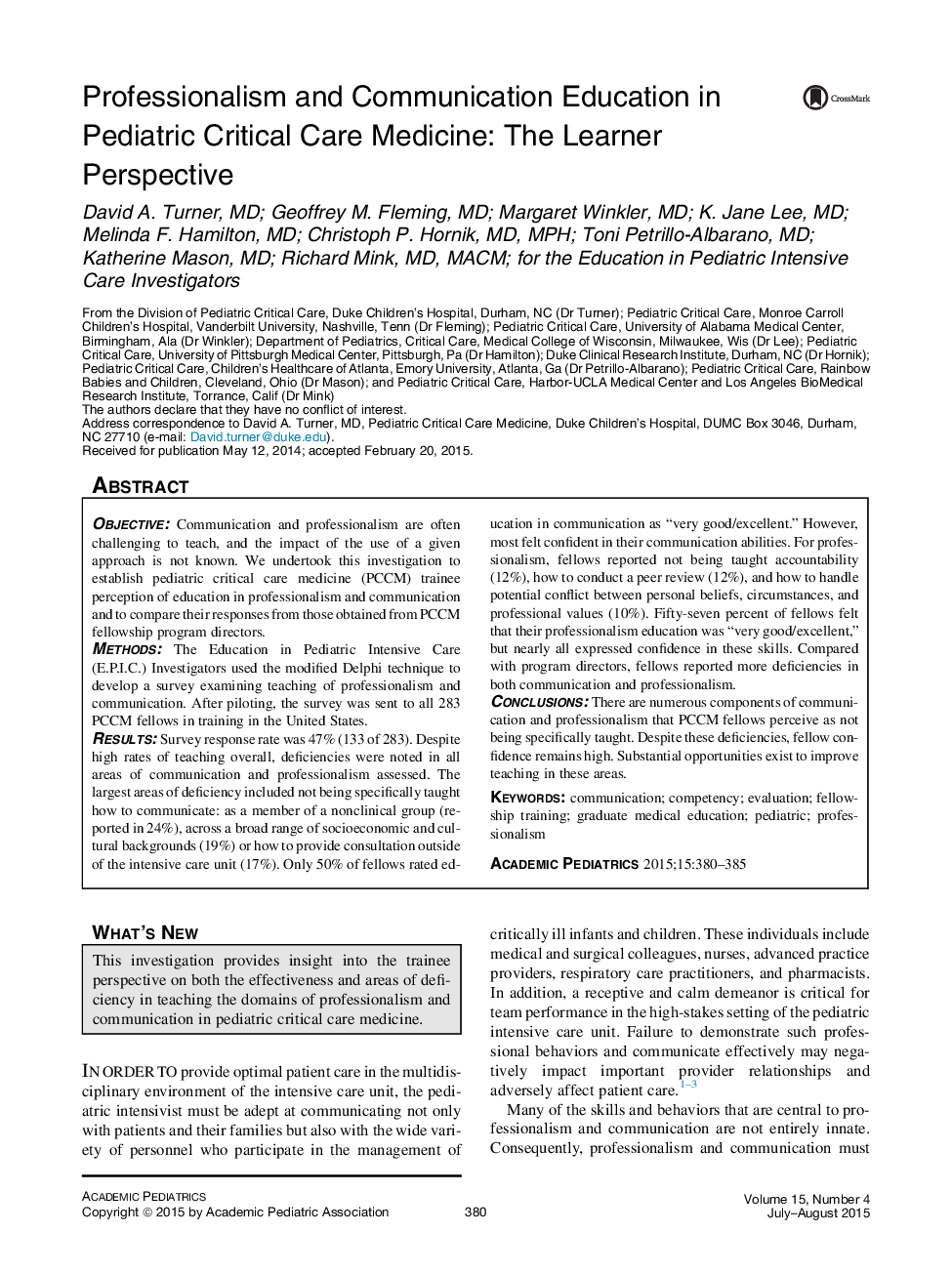 Professionalism and Communication Education in Pediatric Critical Care Medicine: The Learner Perspective 