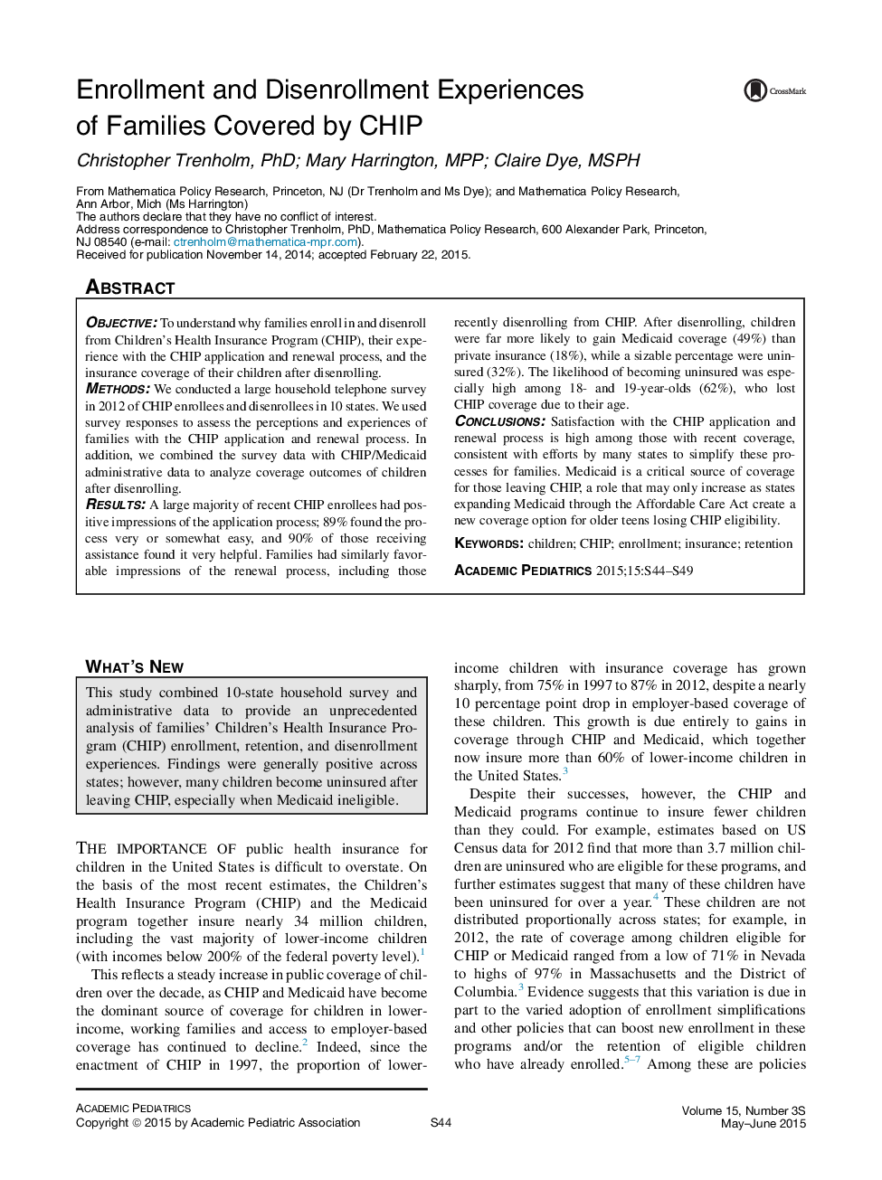 Enrollment and Disenrollment Experiences of Families Covered by CHIP 