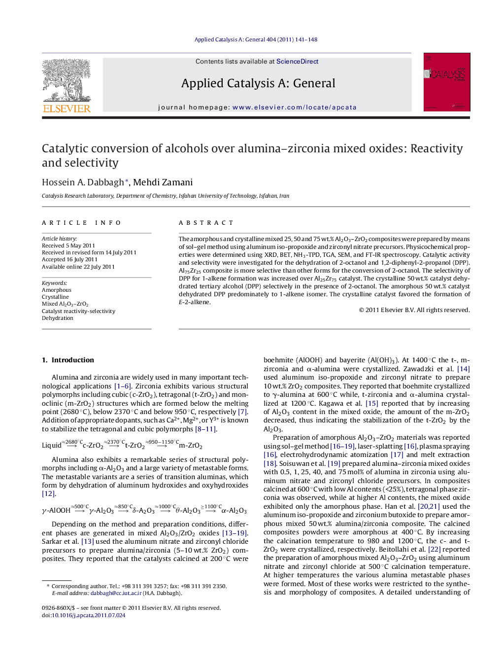 Catalytic conversion of alcohols over alumina–zirconia mixed oxides: Reactivity and selectivity