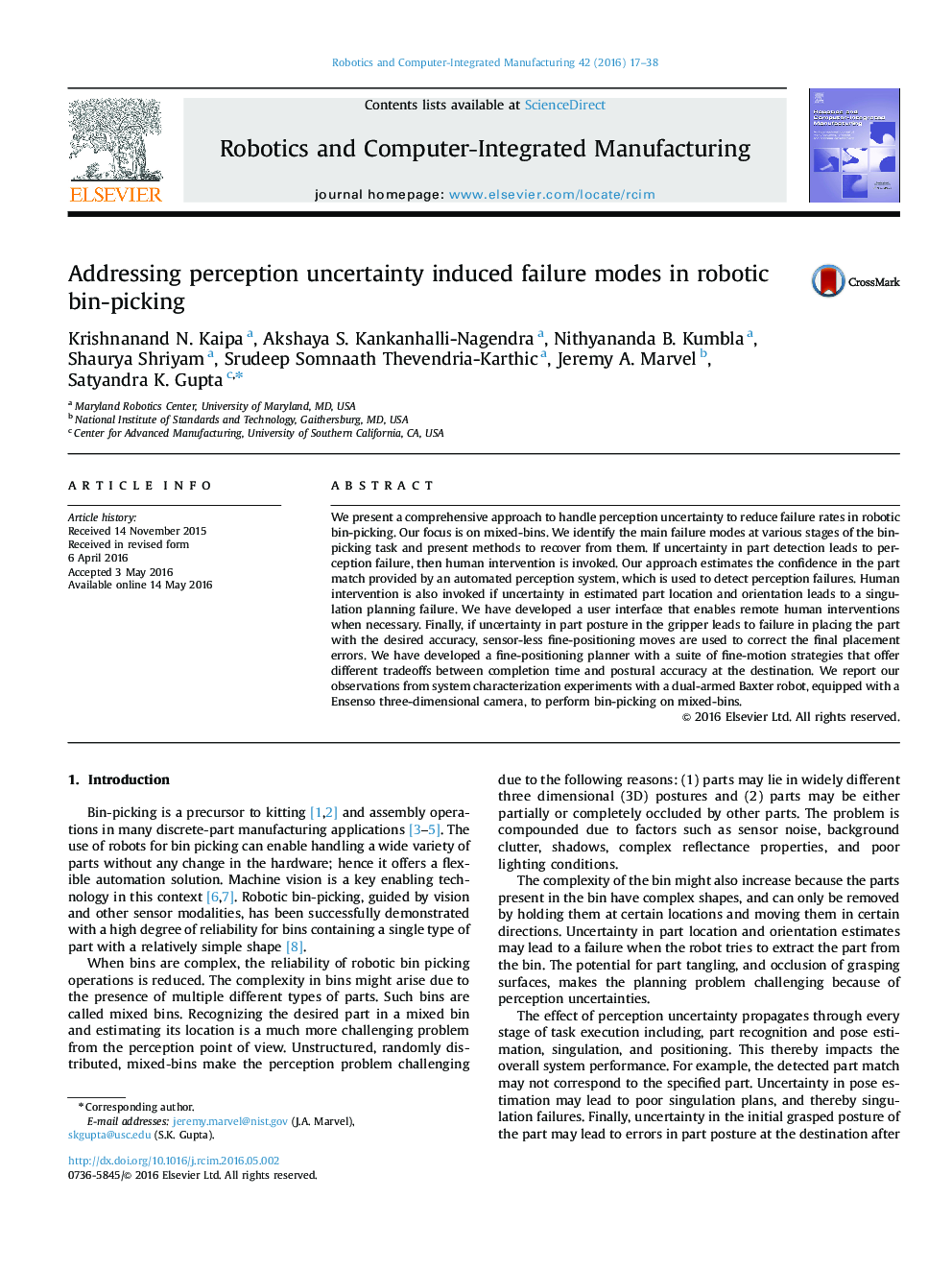 Addressing perception uncertainty induced failure modes in robotic bin-picking