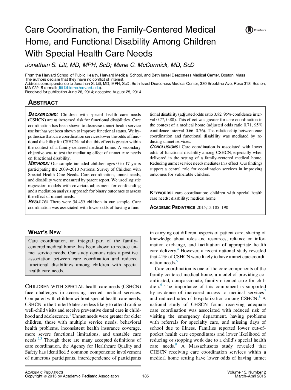 هماهنگی مراقبت، خانه پزشکی خانوادگی و معلولیت عملکردی در میان کودکان با نیازهای ویژه مراقبت های بهداشتی 