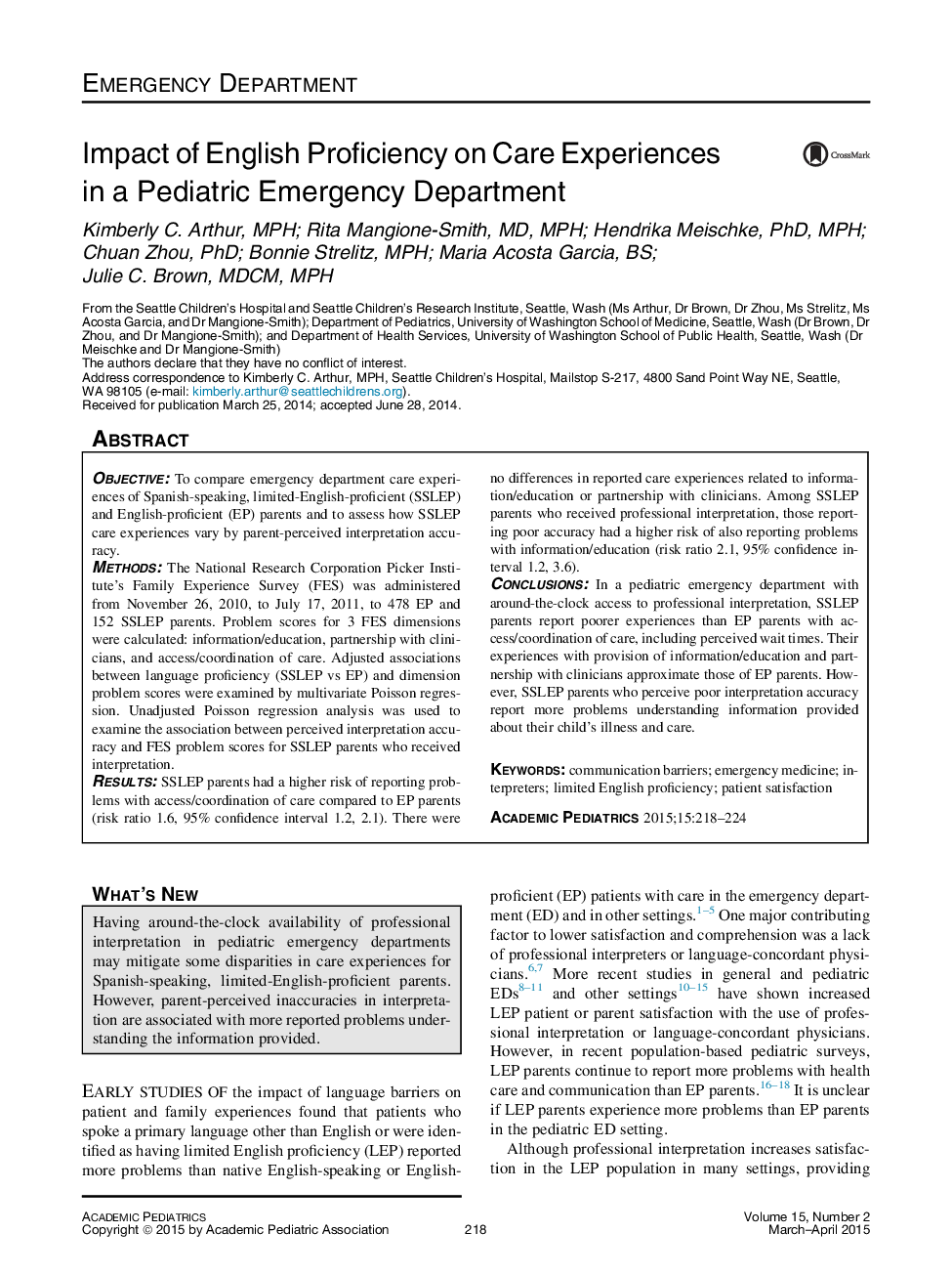 Impact of English Proficiency on Care Experiences in a Pediatric Emergency Department 