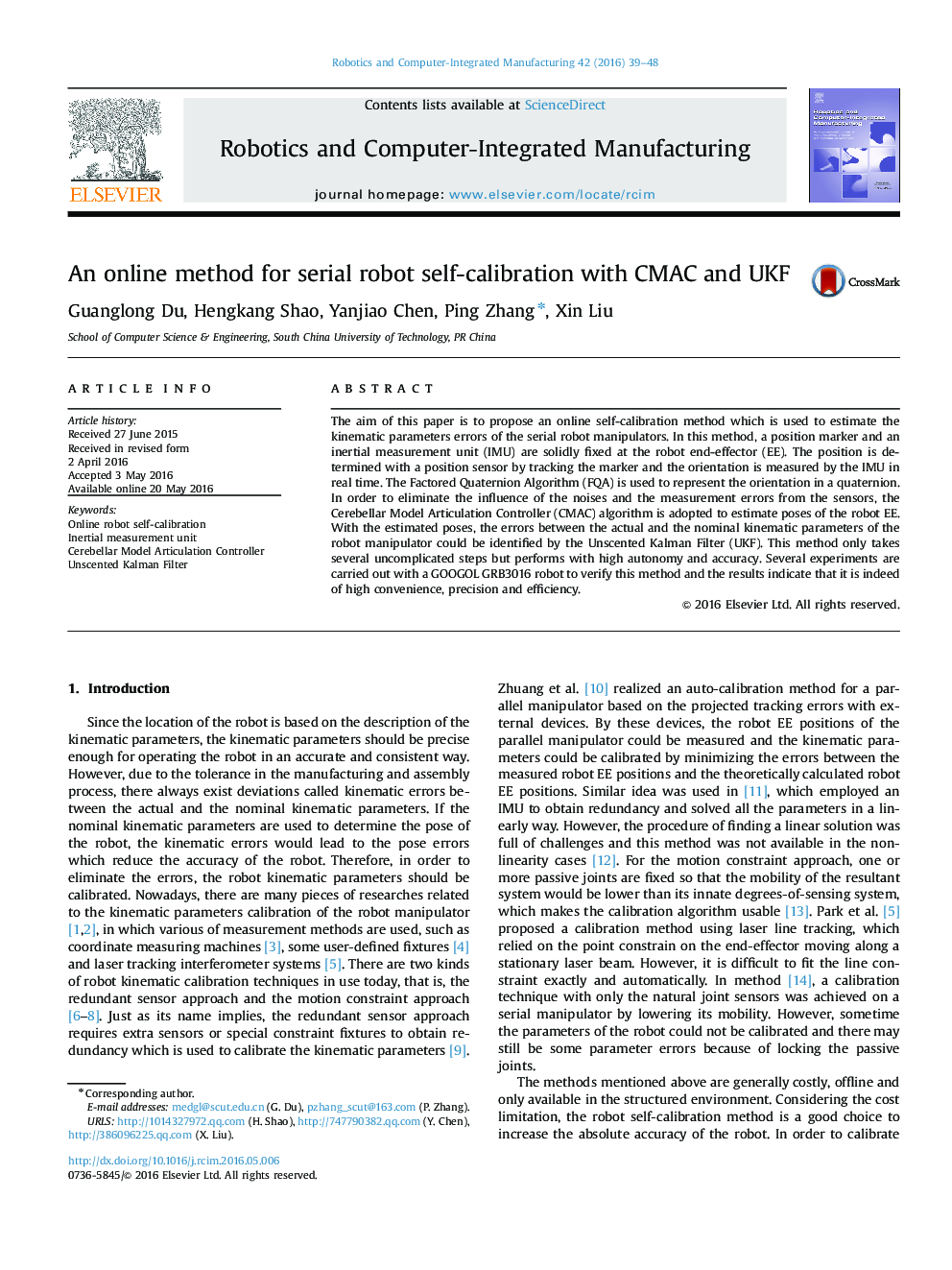 An online method for serial robot self-calibration with CMAC and UKF