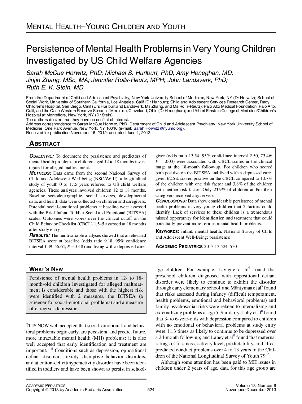 Persistence of Mental Health Problems in Very Young Children Investigated by US Child Welfare Agencies 