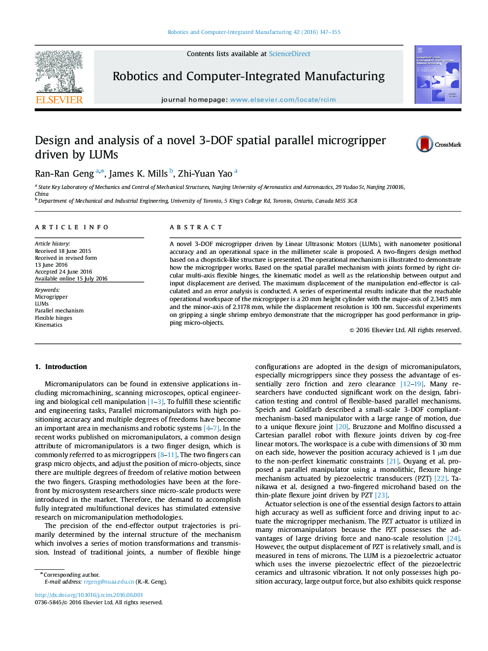 Design and analysis of a novel 3-DOF spatial parallel microgripper driven by LUMs