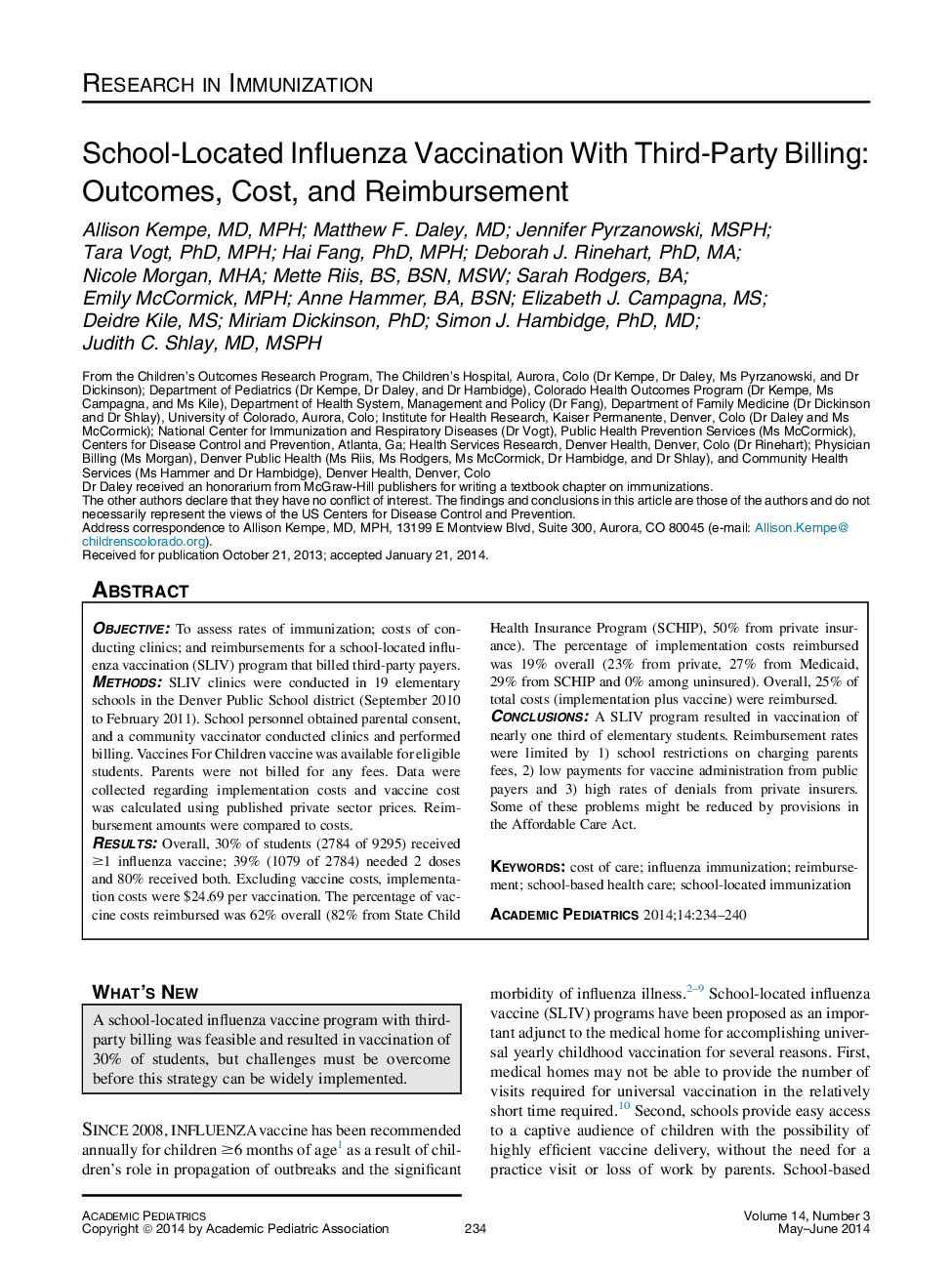 School-Located Influenza Vaccination With Third-Party Billing: Outcomes, Cost, and Reimbursement 