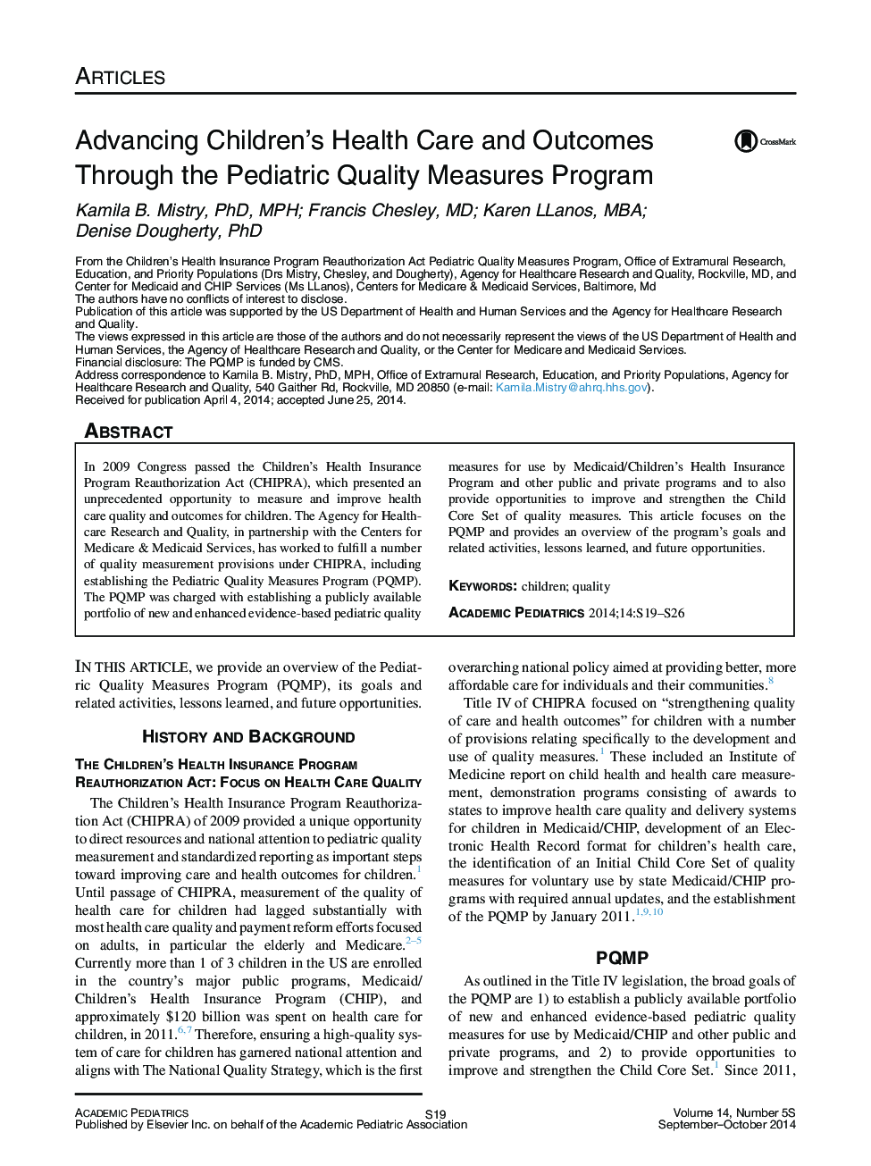 Advancing Children's Health Care and Outcomes Through the Pediatric Quality Measures Program 