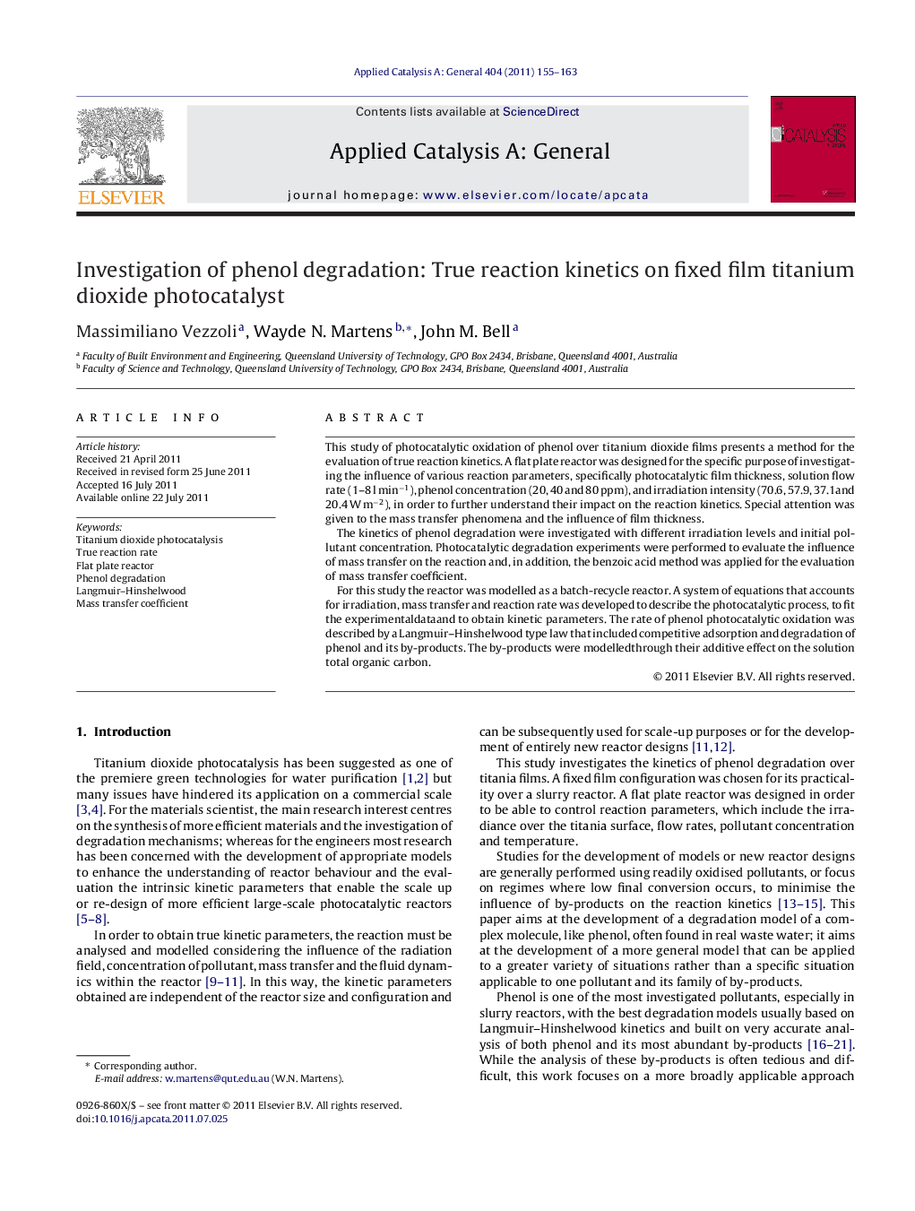 Investigation of phenol degradation: True reaction kinetics on fixed film titanium dioxide photocatalyst