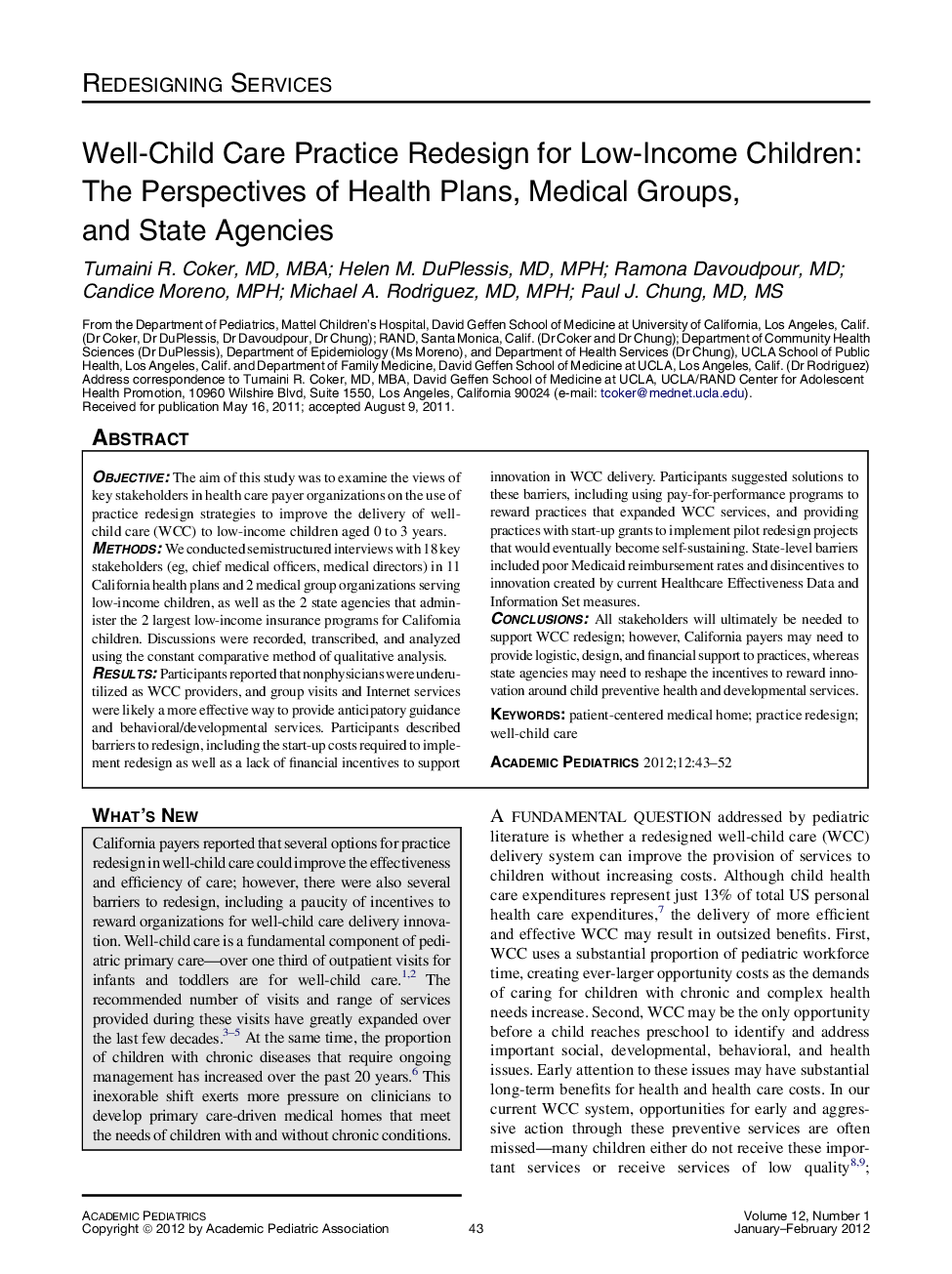 Well-Child Care Practice Redesign for Low-Income Children: The Perspectives of Health Plans, Medical Groups, and State Agencies