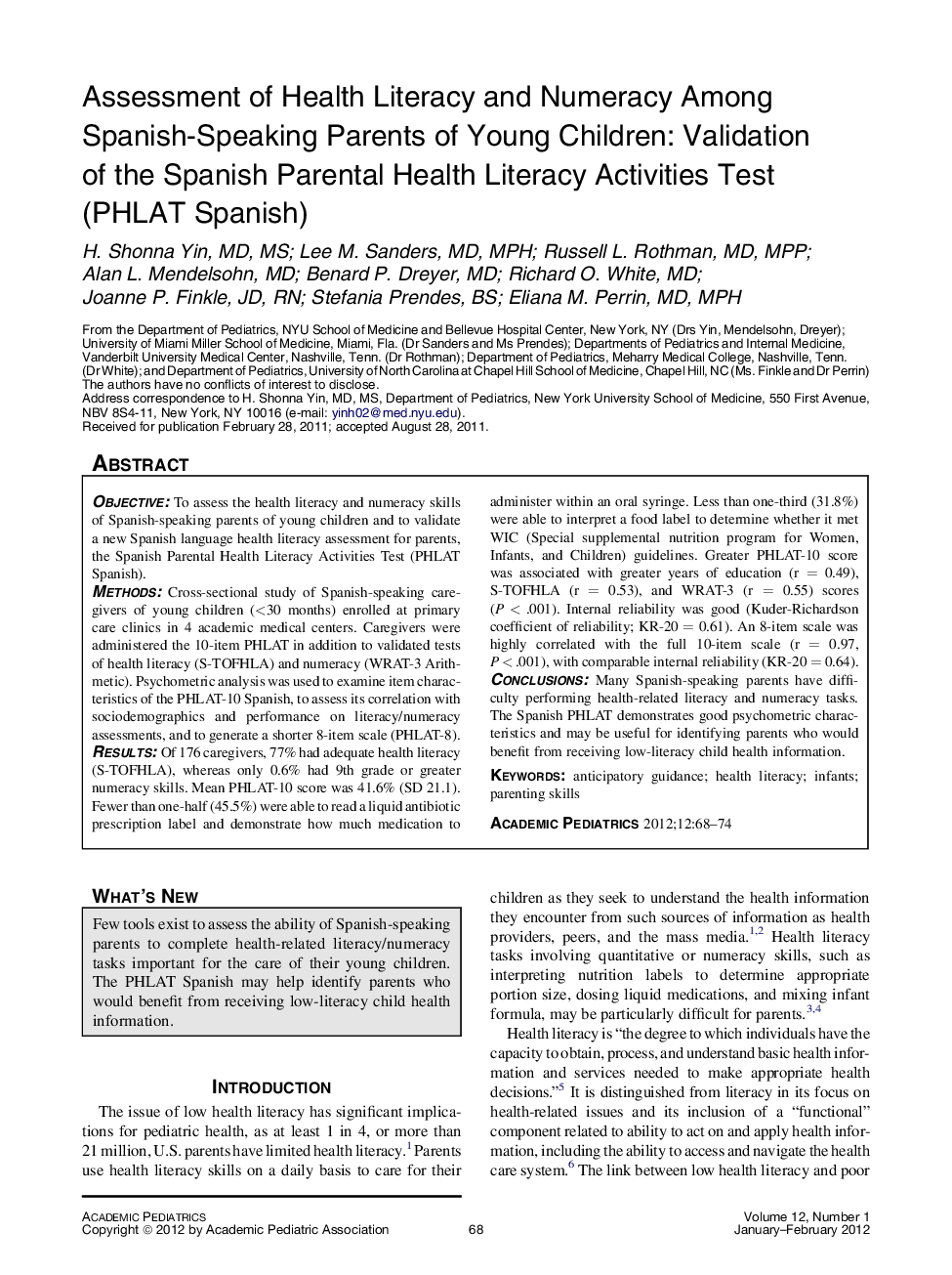 Assessment of Health Literacy and Numeracy Among Spanish-Speaking Parents of Young Children: Validation of the Spanish Parental Health Literacy Activities Test (PHLAT Spanish) 