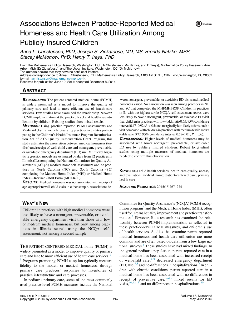 Associations Between Practice-Reported Medical Homeness and Health Care Utilization Among Publicly Insured Children 