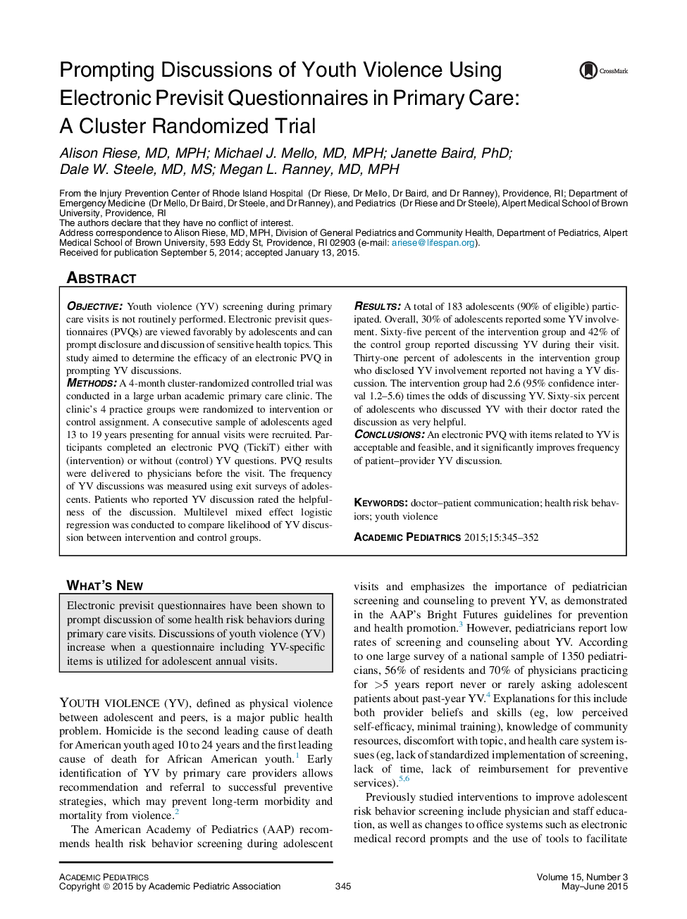 Prompting Discussions of Youth Violence Using Electronic Previsit Questionnaires in Primary Care: A Cluster Randomized Trial 