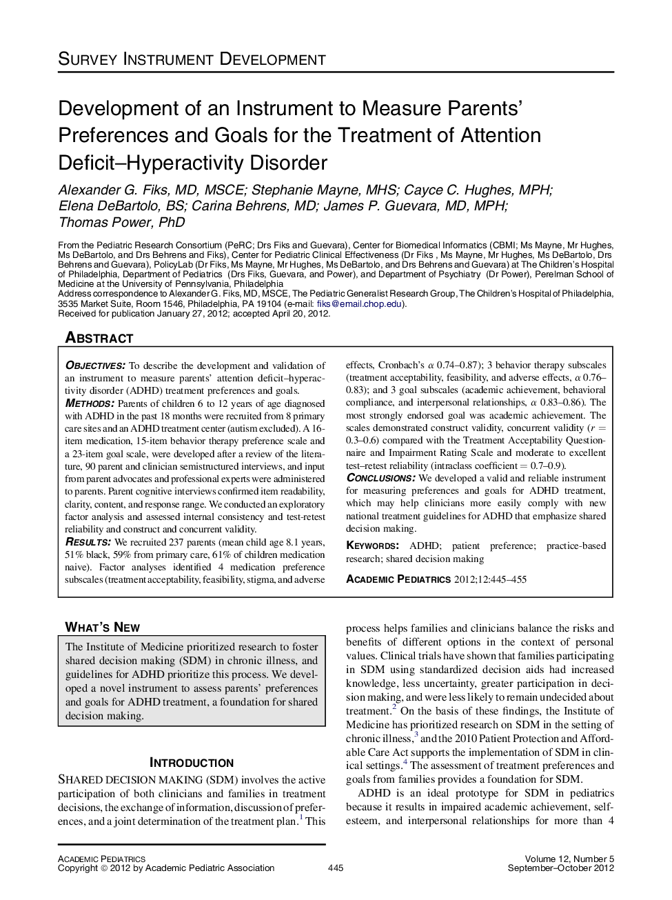 Development of an Instrument to Measure Parents’ Preferences and Goals for the Treatment of Attention Deficit–Hyperactivity Disorder