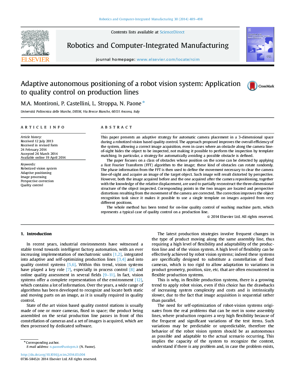 Adaptive autonomous positioning of a robot vision system: Application to quality control on production lines
