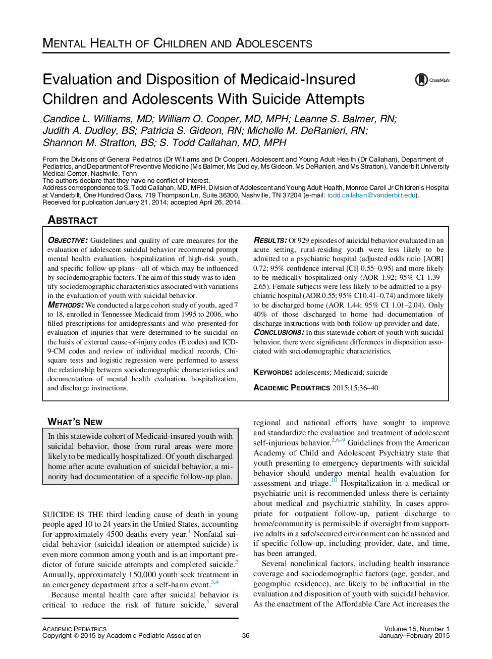 Evaluation and Disposition of Medicaid-Insured Children and Adolescents With Suicide Attempts 