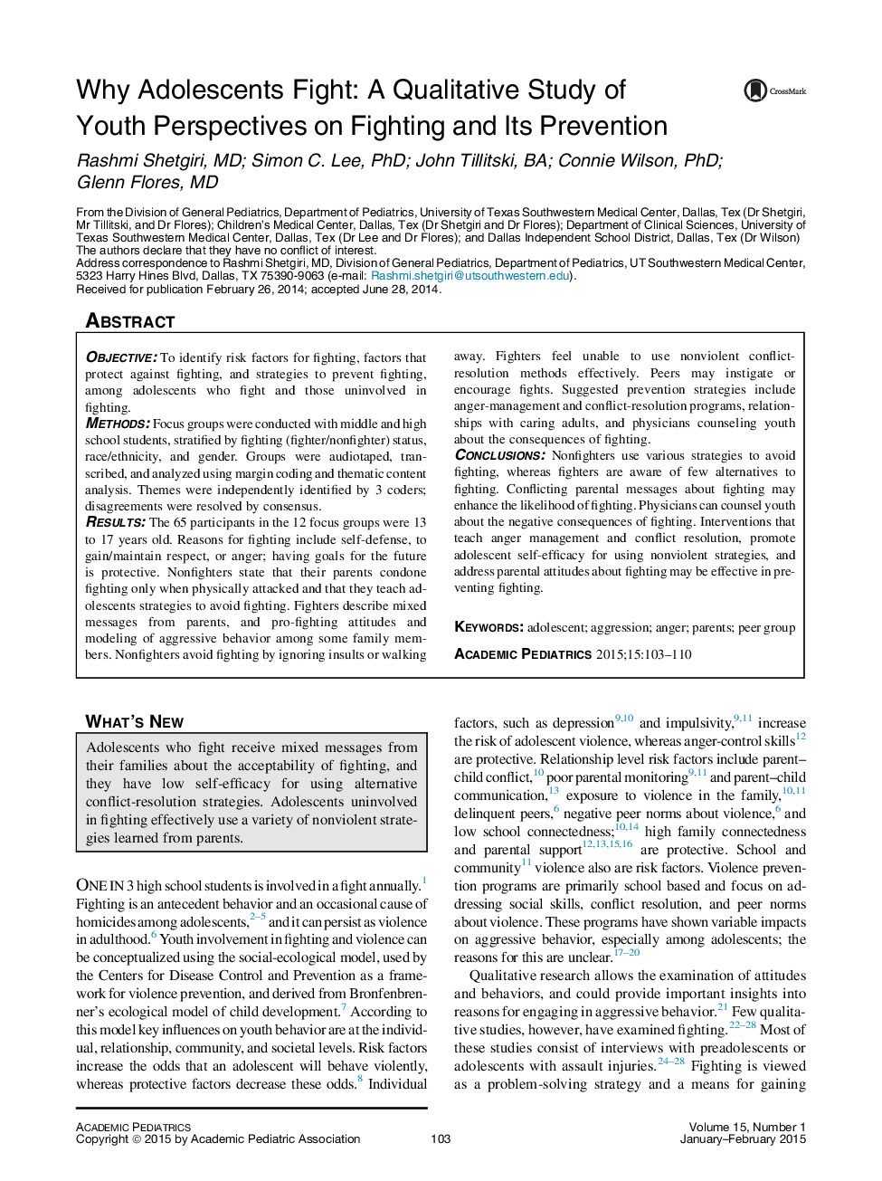 Why Adolescents Fight: A Qualitative Study of Youth Perspectives on Fighting and Its Prevention 