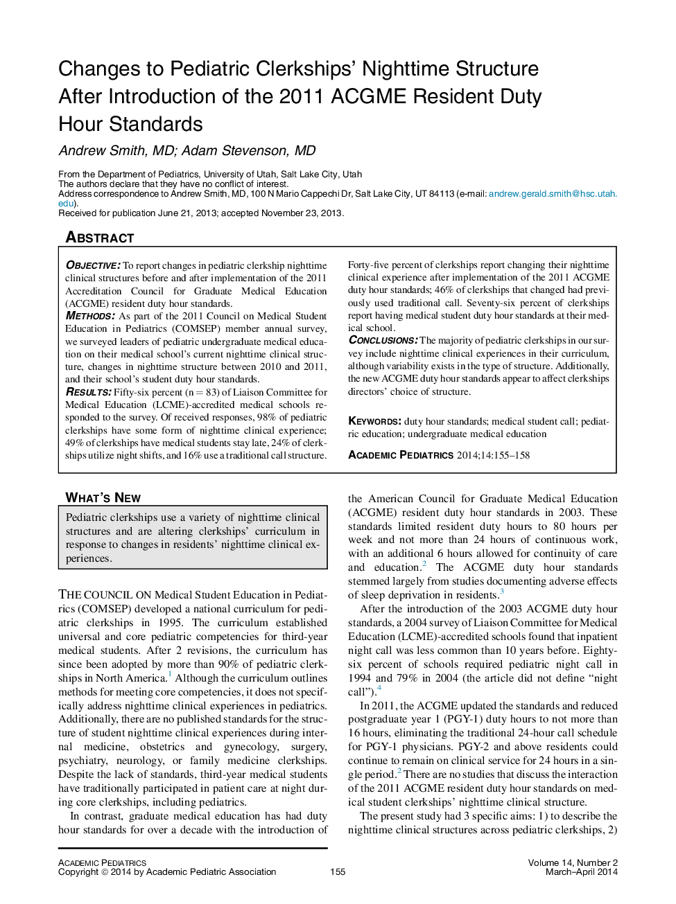 Changes to Pediatric Clerkships' Nighttime Structure After Introduction of the 2011 ACGME Resident Duty Hour Standards